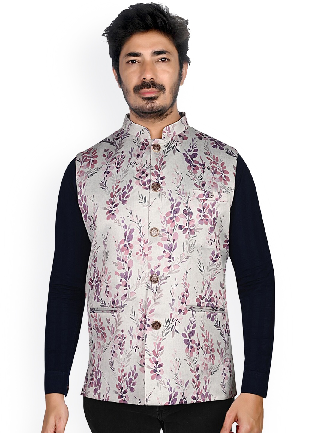 

Authentics Floral Printed Mandarin Collar Velvet Nehru Jackets, Grey