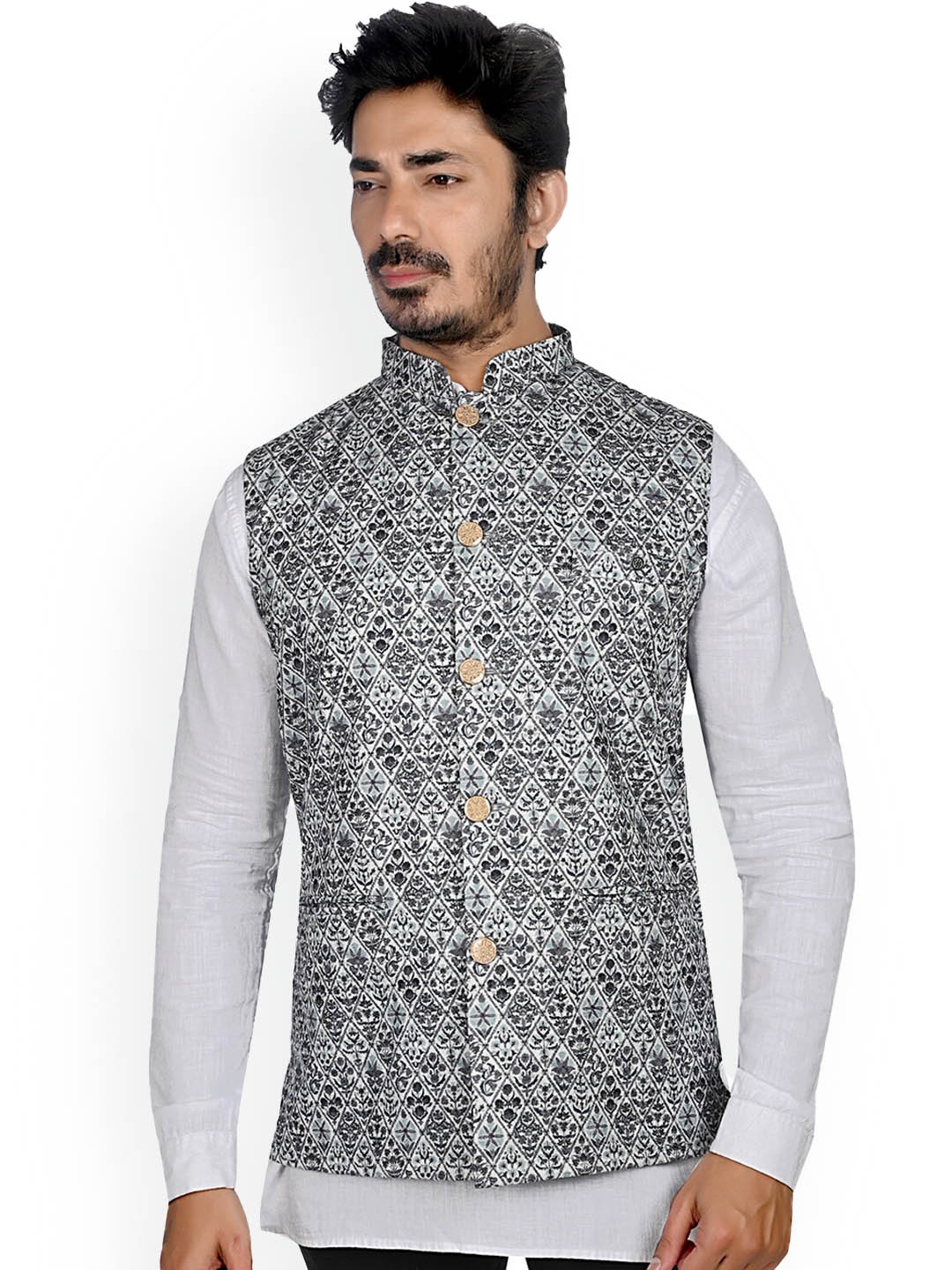 

Authentics Ethnic Motifs Printed Mandarin Collar Nehru Jacket, Grey