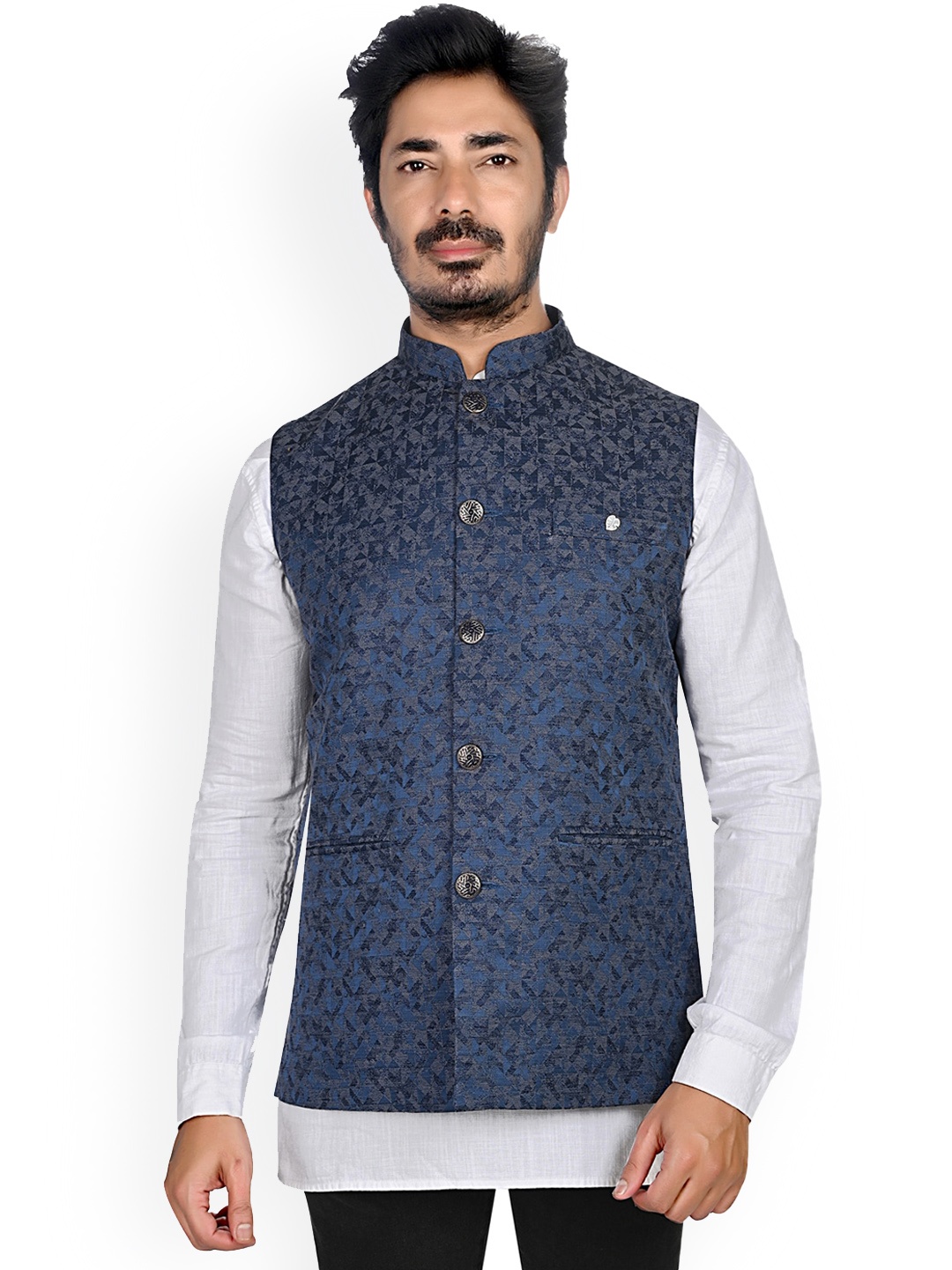 

Authentics Jacquard Printed Mandarin Collar Velvet Nehru Jackets, Blue