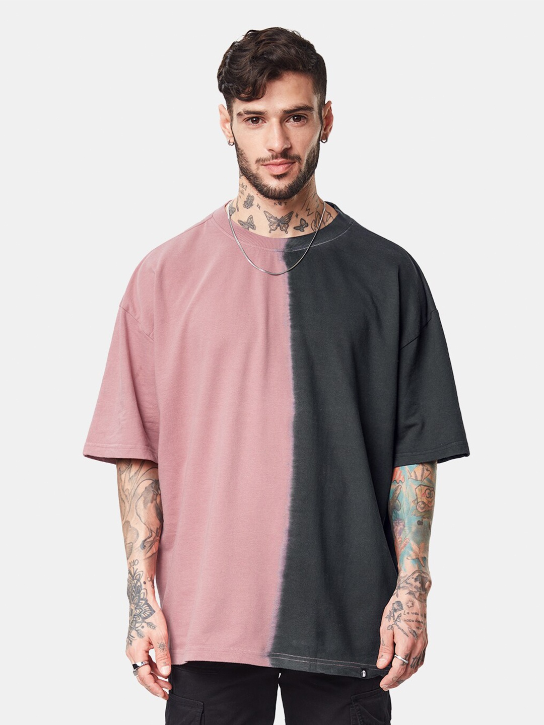 

The Souled Store Pink & Black Colourblocked Pure Cotton T-shirt