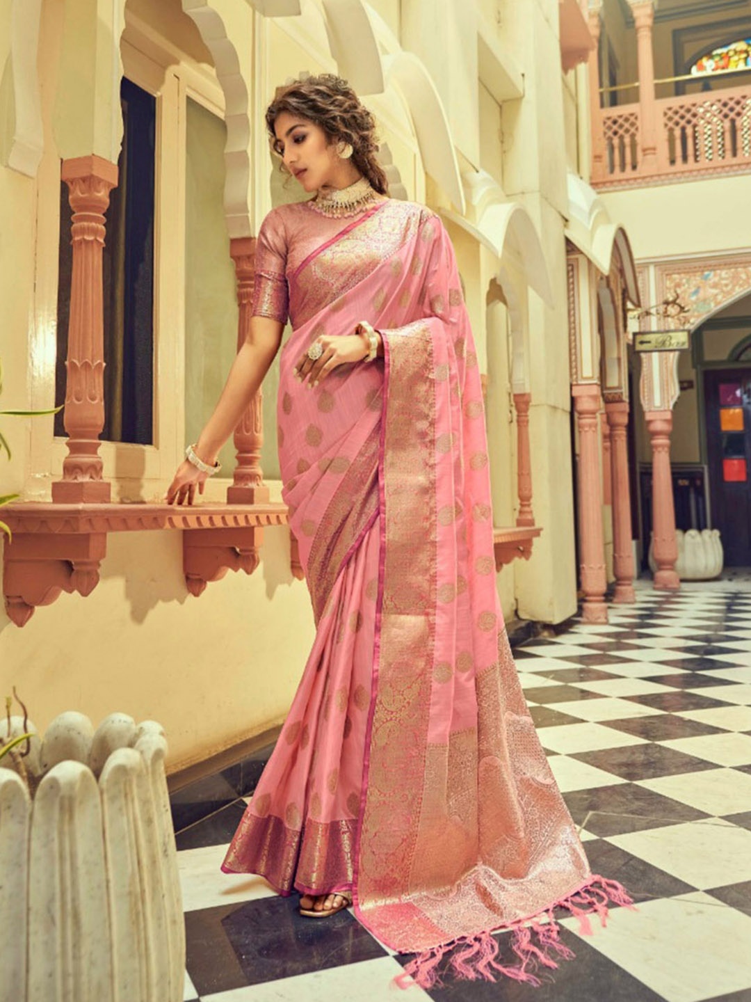 

Mitera Pink & Gold-Toned Ethnic Motifs Woven Design Zari Banarasi Saree