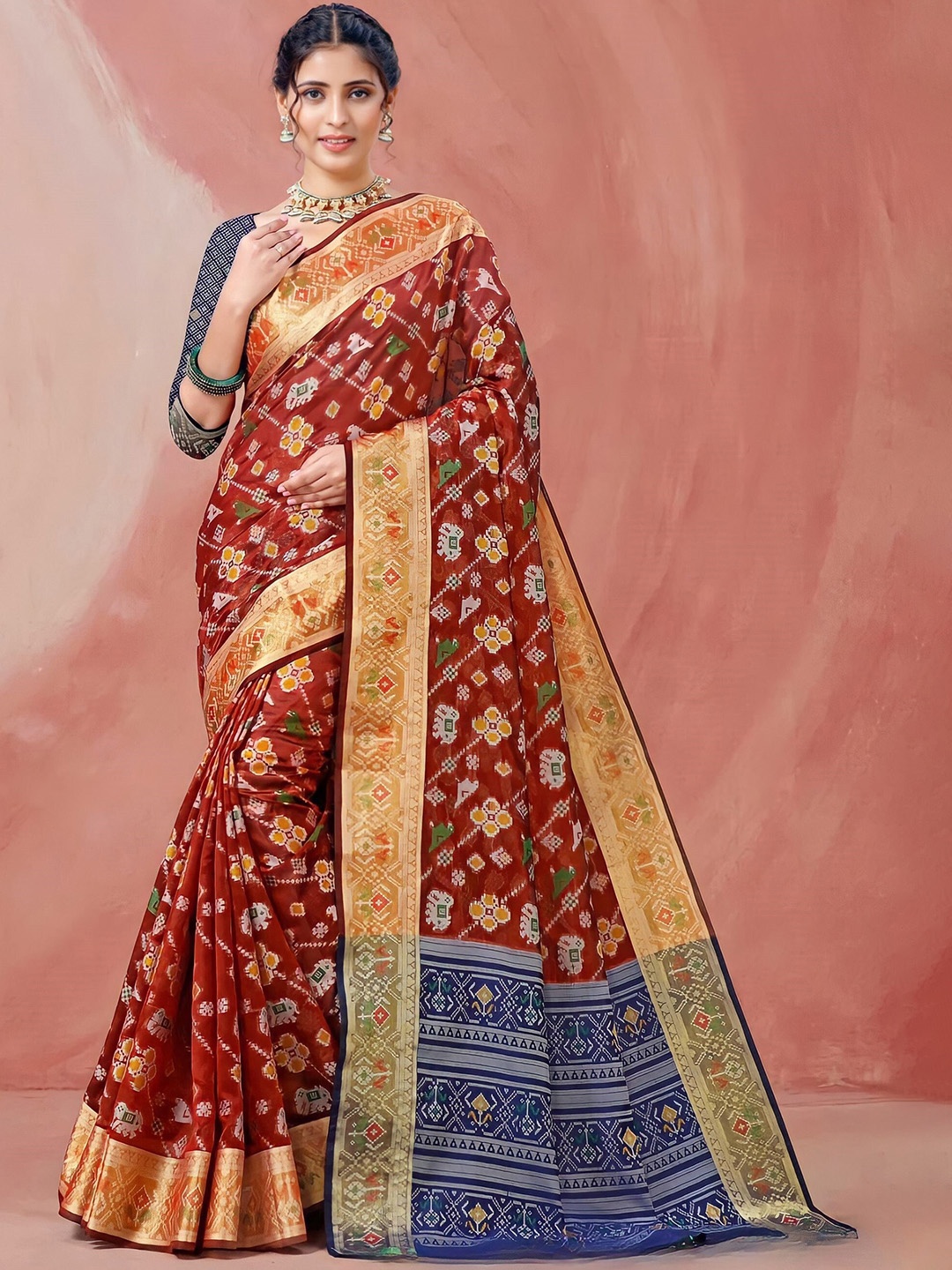 

Mitera Maroon & Yellow Woven Design Zari Organza Banarasi Saree