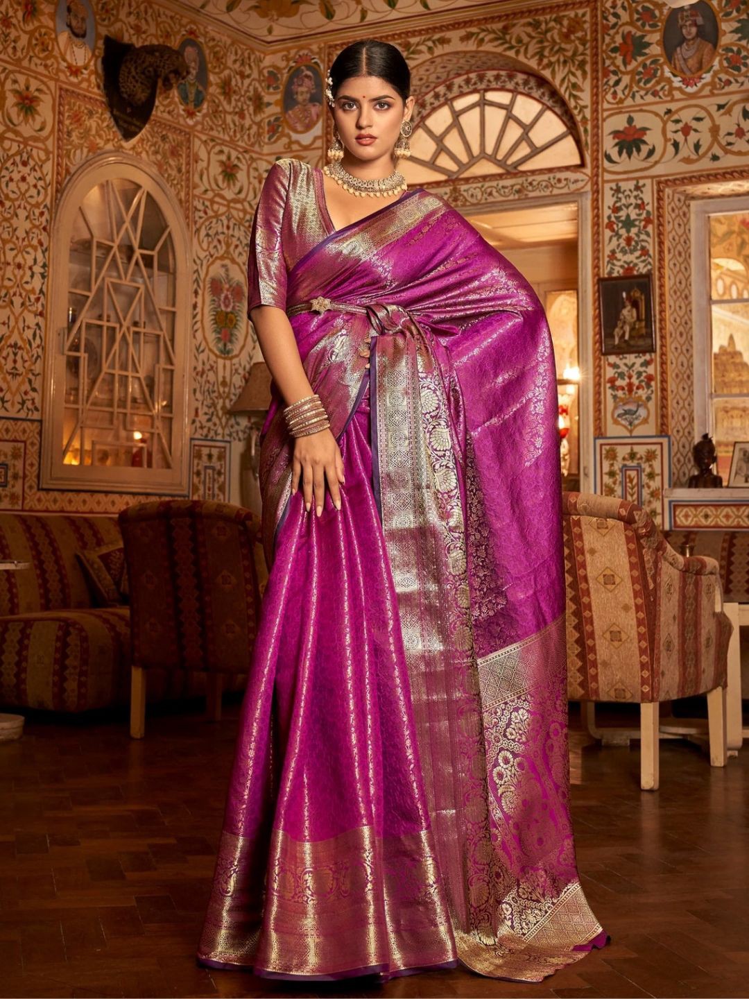 

Mitera Floral Woven Design Zari Banarasi Saree, Purple
