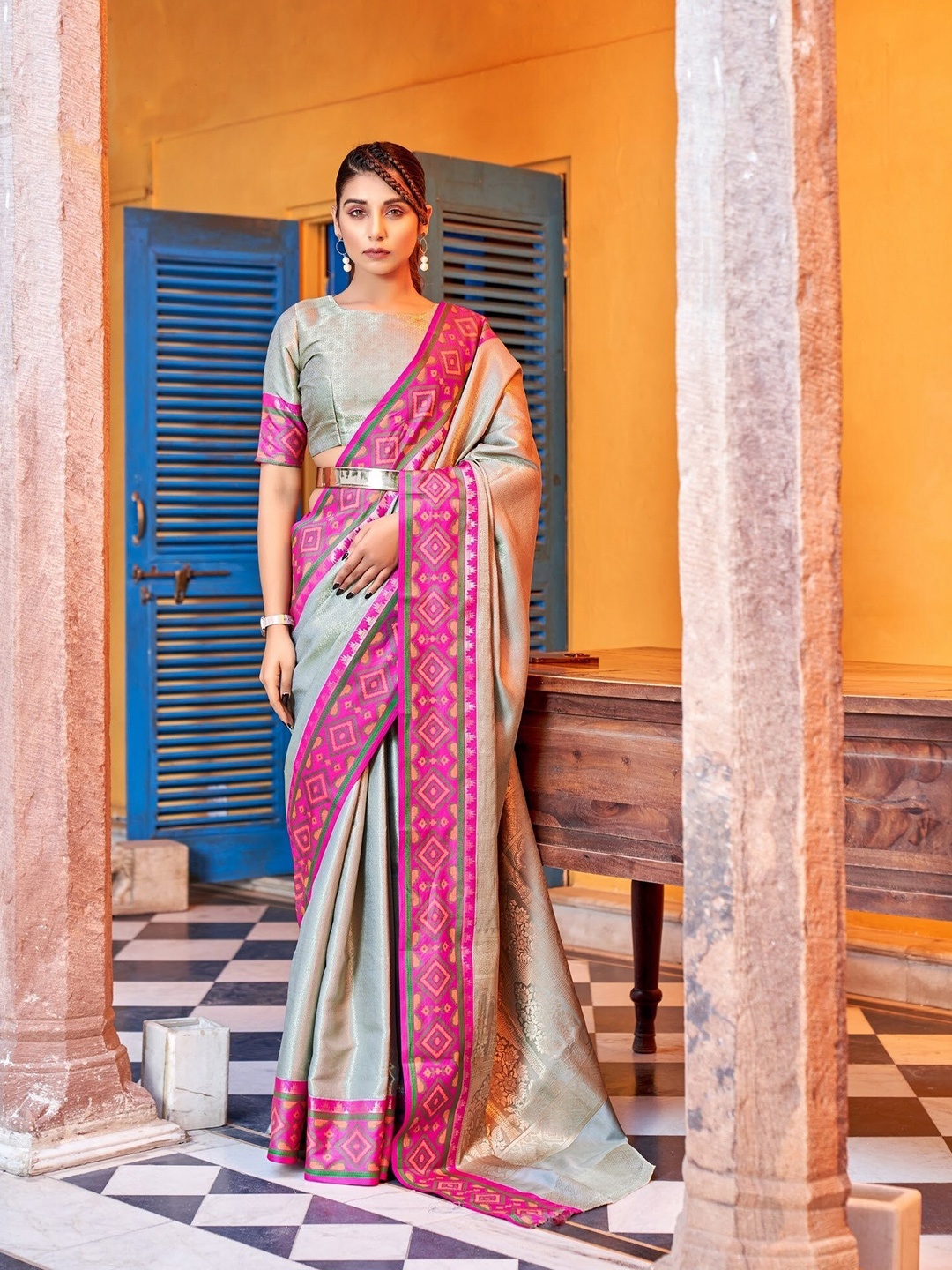

Mitera Woven Design Zari Ikat Saree, Grey