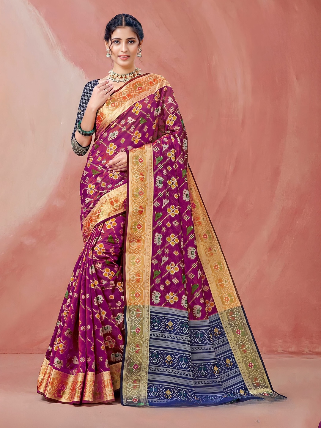 

Mitera Magenta & Blue Floral Zari Organza Banarasi Saree