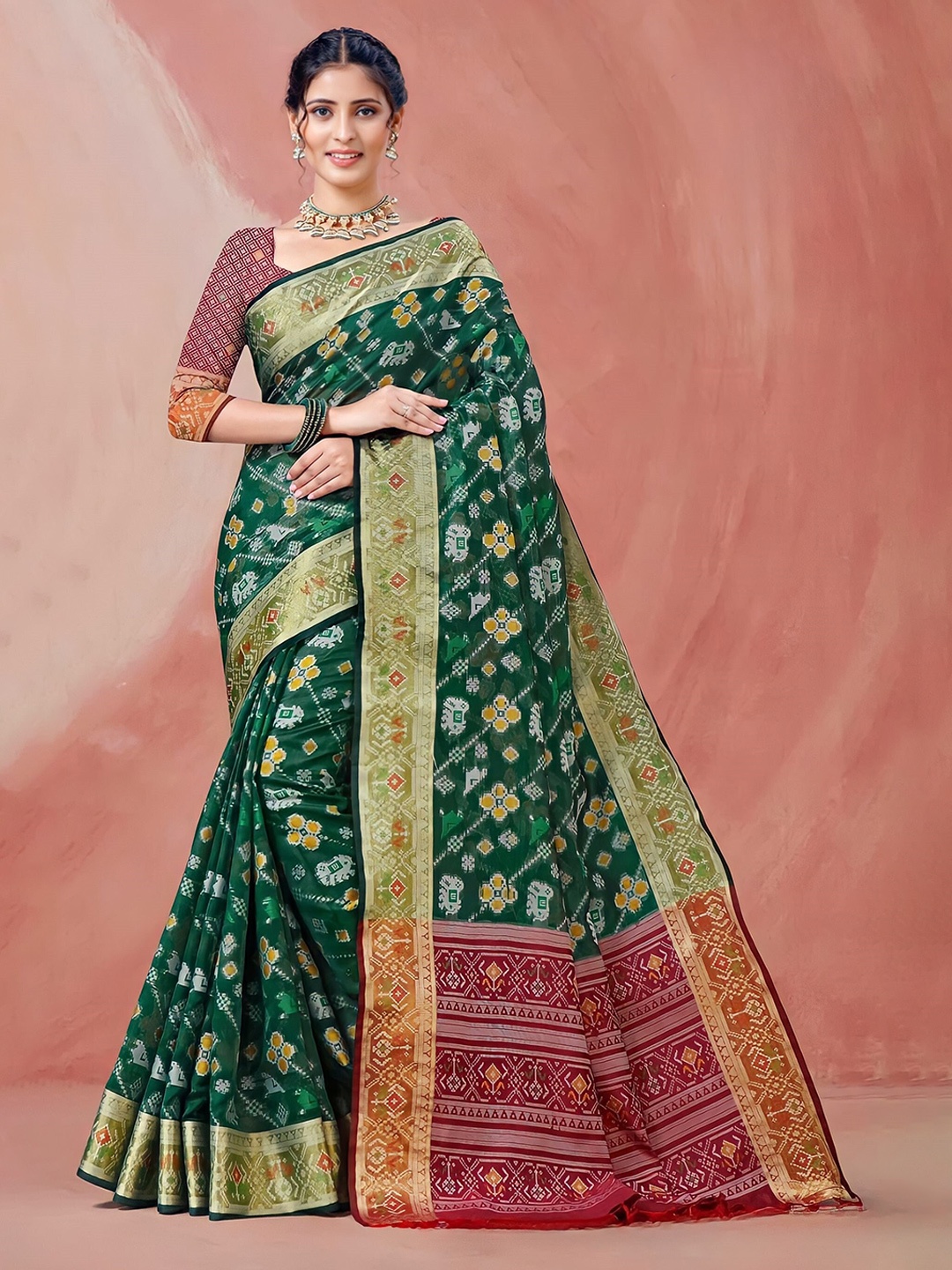 

Mitera Floral Printed Zari Organza Banarasi Saree, Green