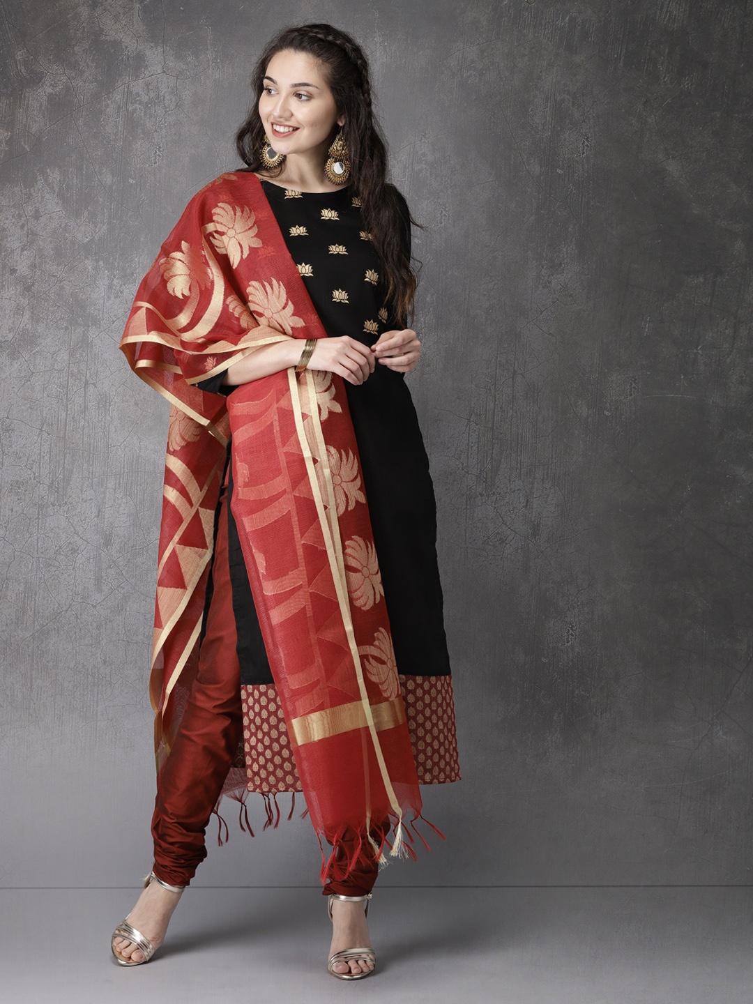 

Anouk Women Black & Red Yoke Design Kurta with Churidar & Dupatta