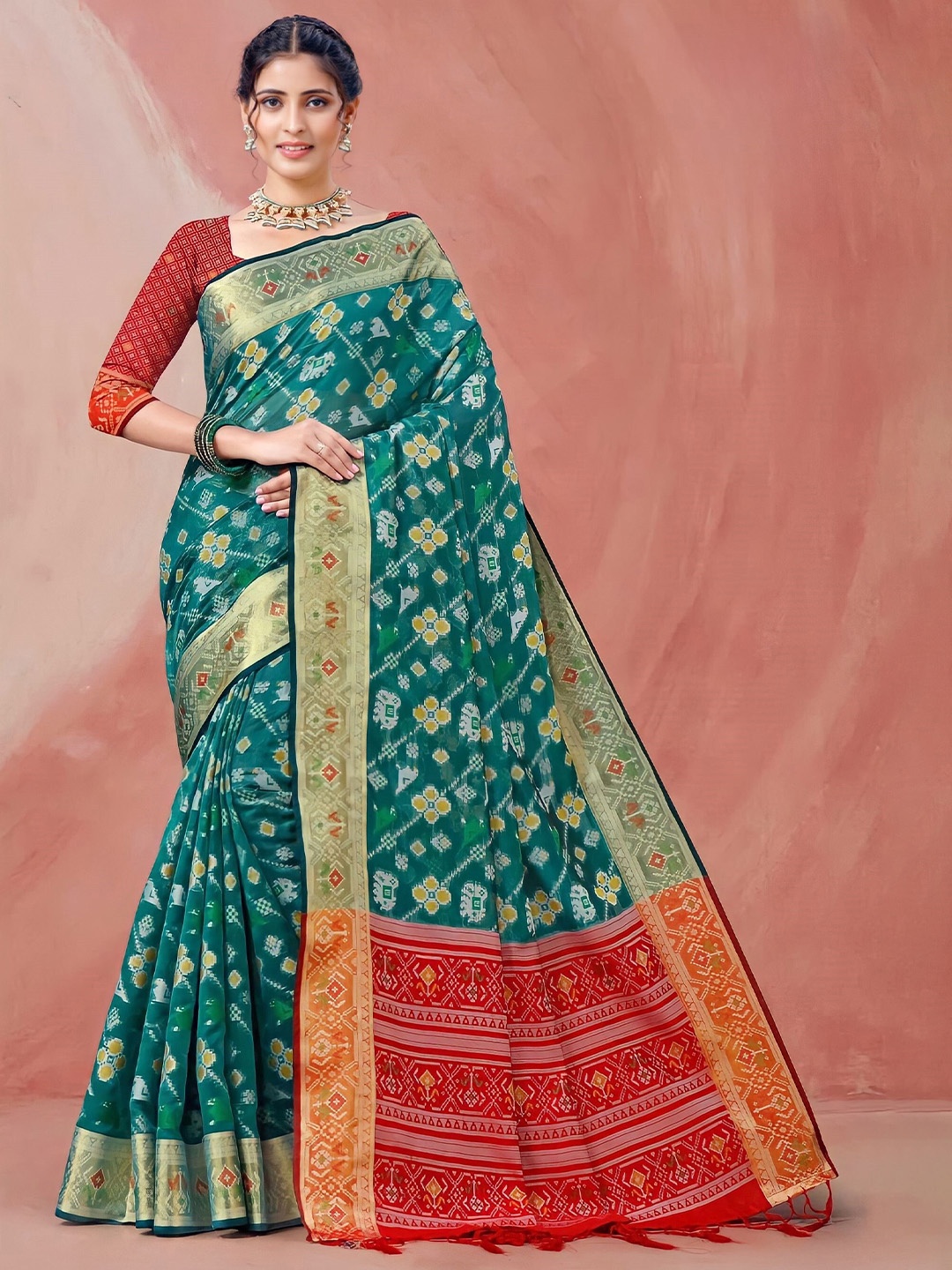 

Mitera Floral Printed Zari Organza Banarasi Saree, Blue