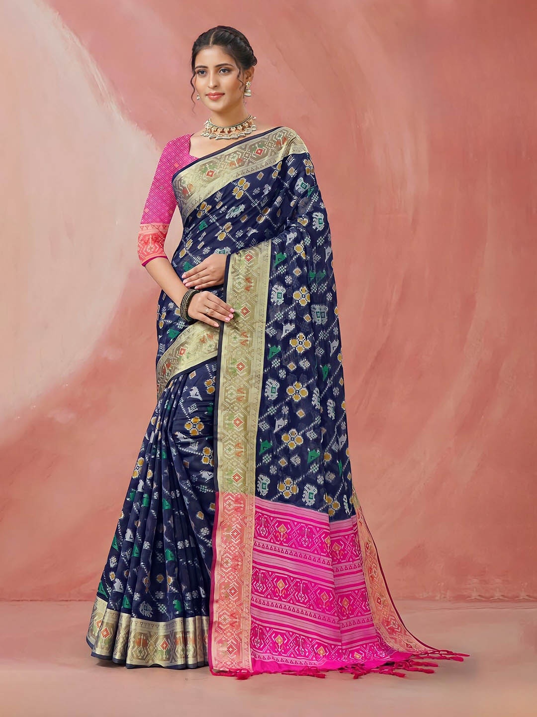 

Mitera Navy Blue & Green Ethnic Motifs Zari Organza Banarasi Saree