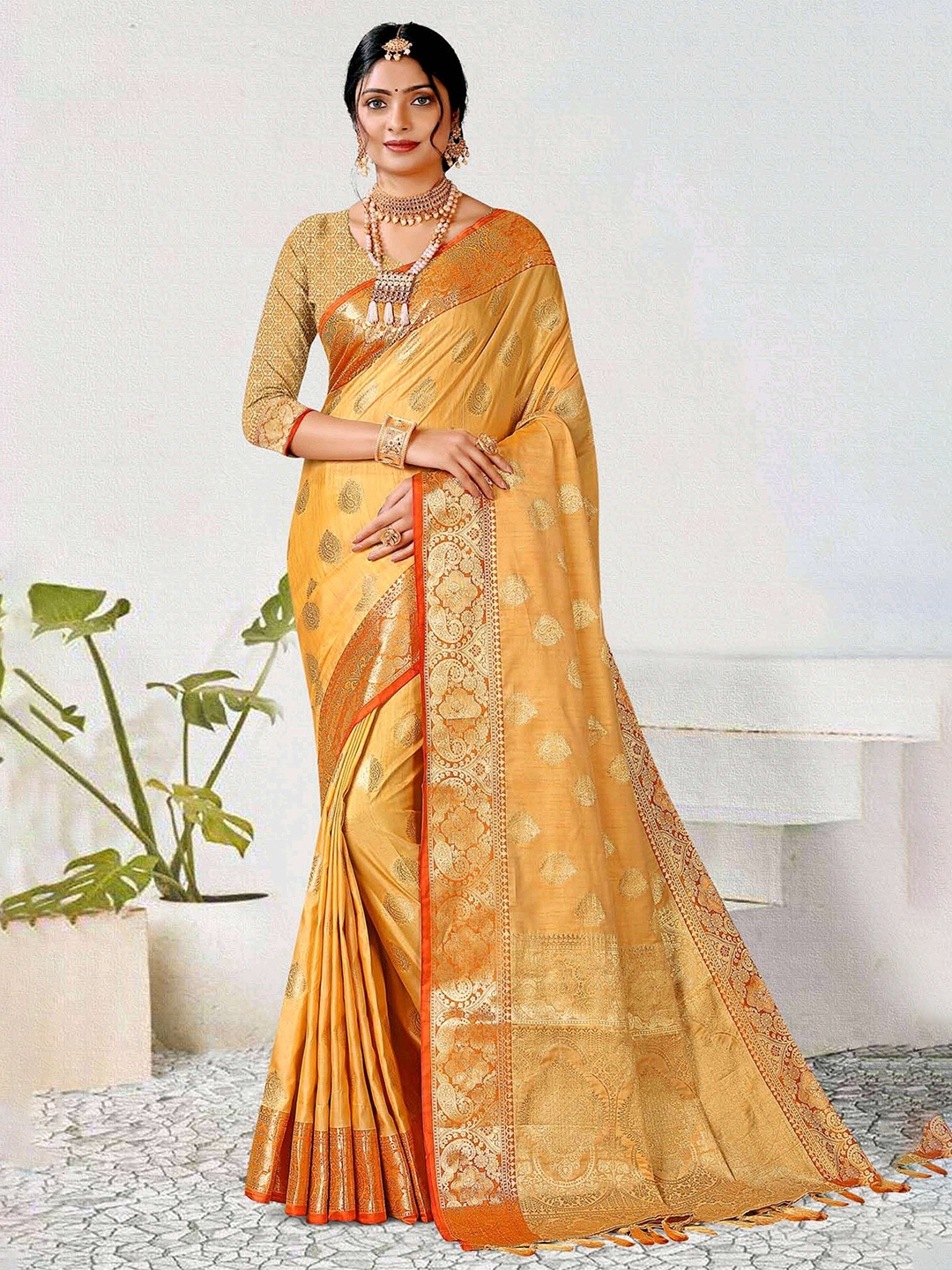 

Mitera Yellow, Pink & Gold-Toned Woven Design Zari Banarasi Saree