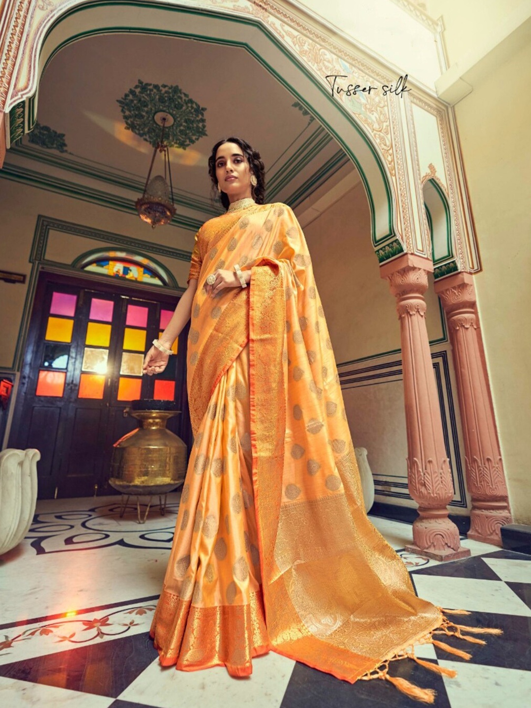 

Mitera Yellow & Gold-Toned Ethnic Motifs Woven Design Zari Banarasi Saree