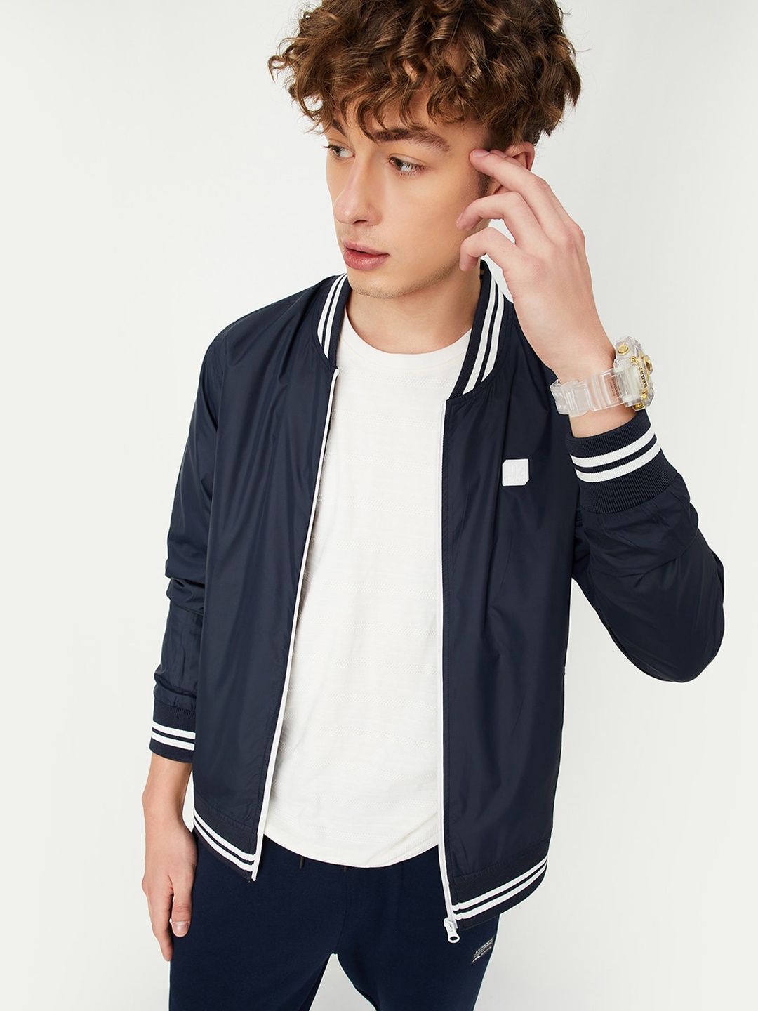 

max Stand Collar Long Sleeves Bomber Jacket, Blue
