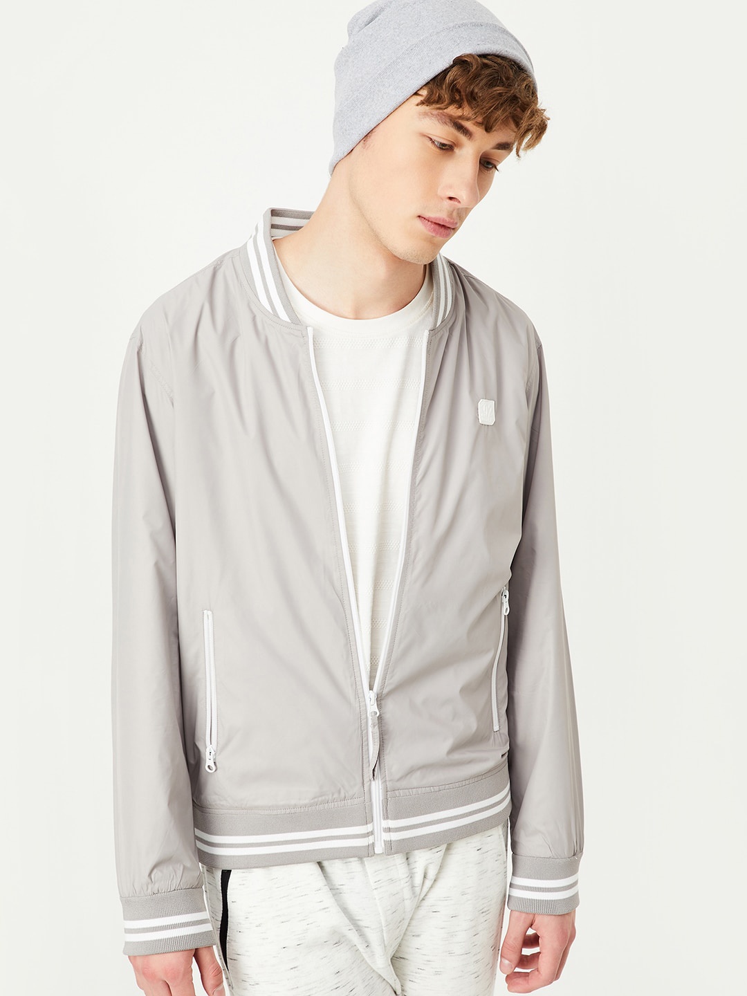 

max Mock Collar Varsity Jacket, Grey