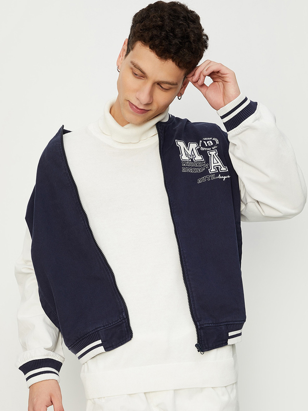 

max Colourblocked Pure Cotton Varsity Jacket, Blue