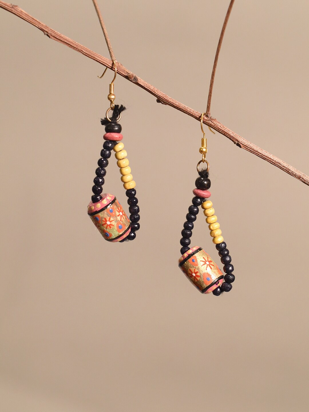 

AAKRITI ART CREATIONS Brass-Plated Wood Beaded Contemporary Drop Earrings, Gold