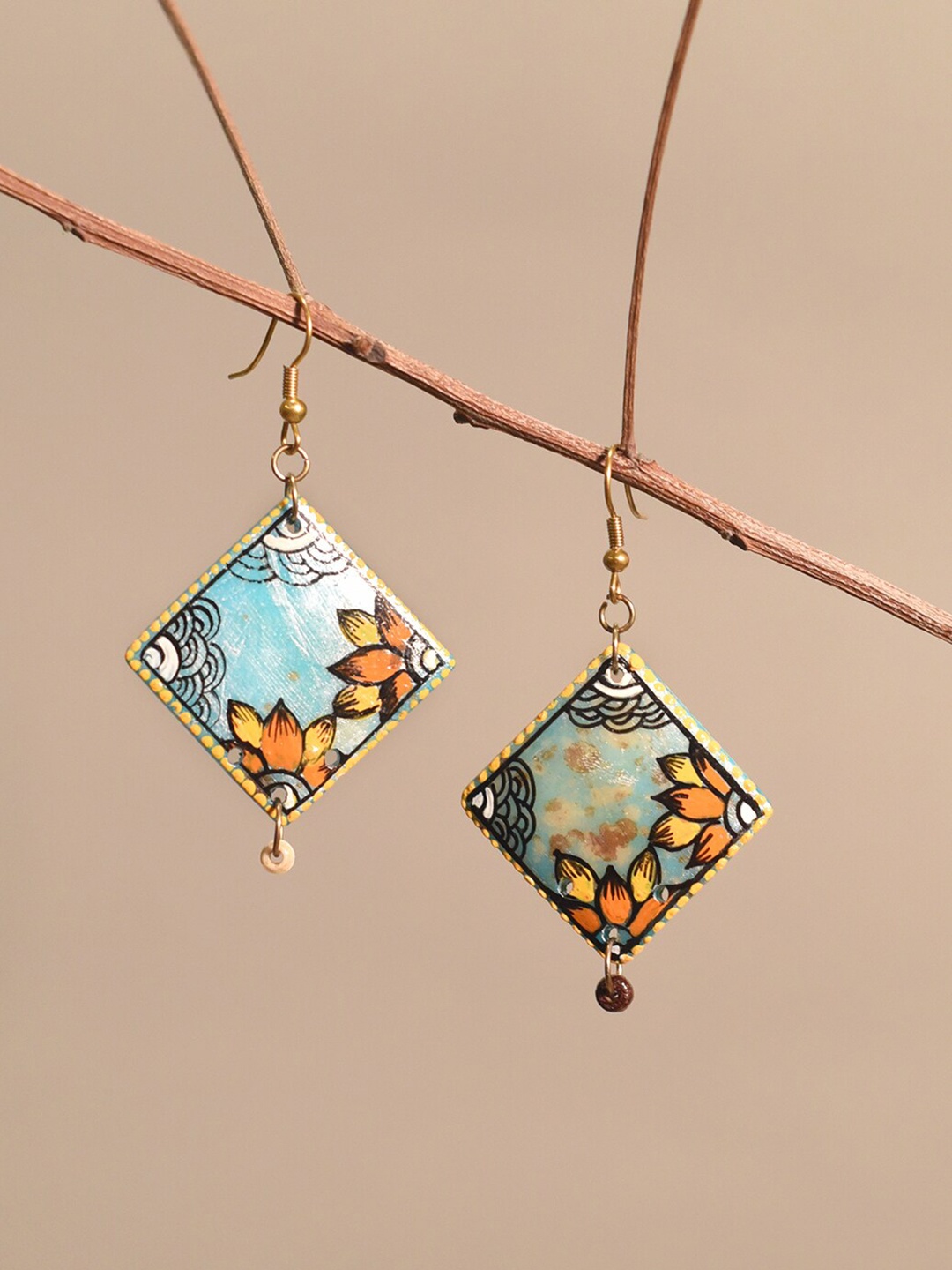 

AAKRITI ART CREATIONS Brass-Plated Wood Diamond Shaped Drop Earrings, Blue