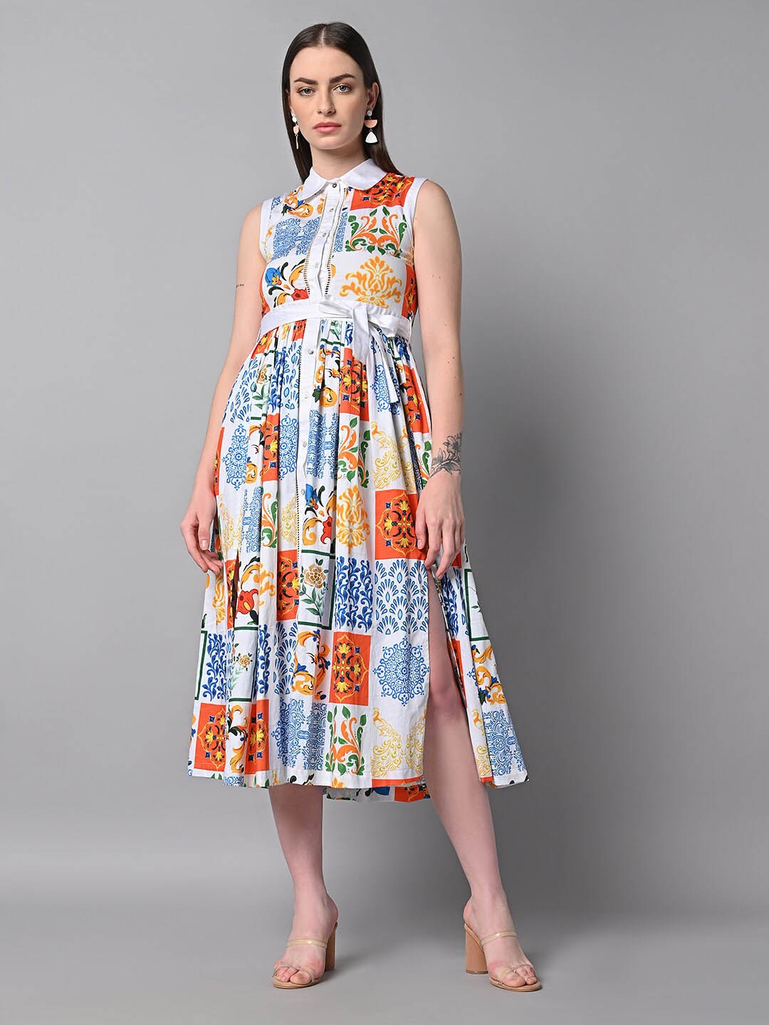 

Justin Whyte Ethnic Motifs Print A-Line Midi Dress, White