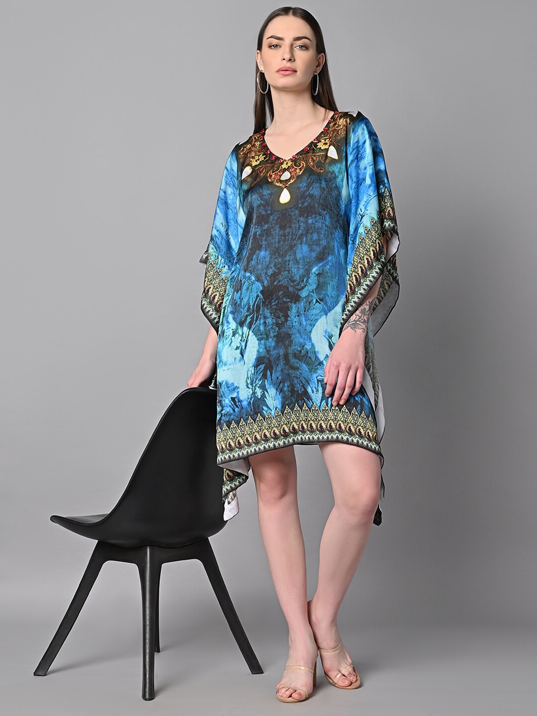 

Justin Whyte Ethnic Motifs Print Slit Sleeve Satin Kaftan Dress, Turquoise blue