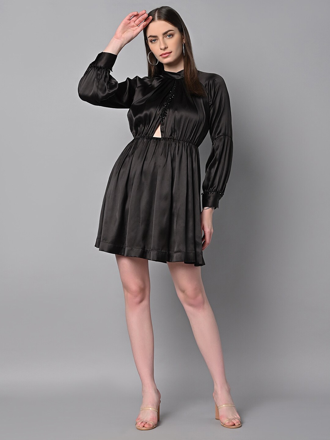 

Justin Whyte Tie-Up Neck Puff Sleeve Satin Fit & Flare Dress, Black