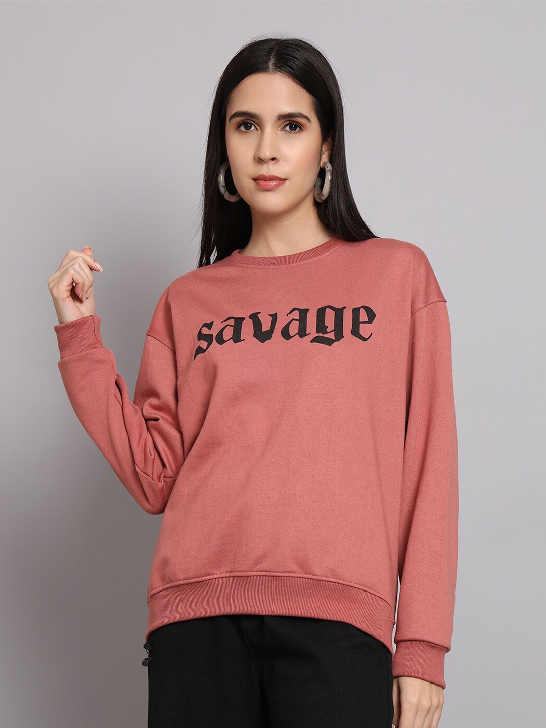 

Obaan Typography Printed Long Sleeves Pullover, Pink