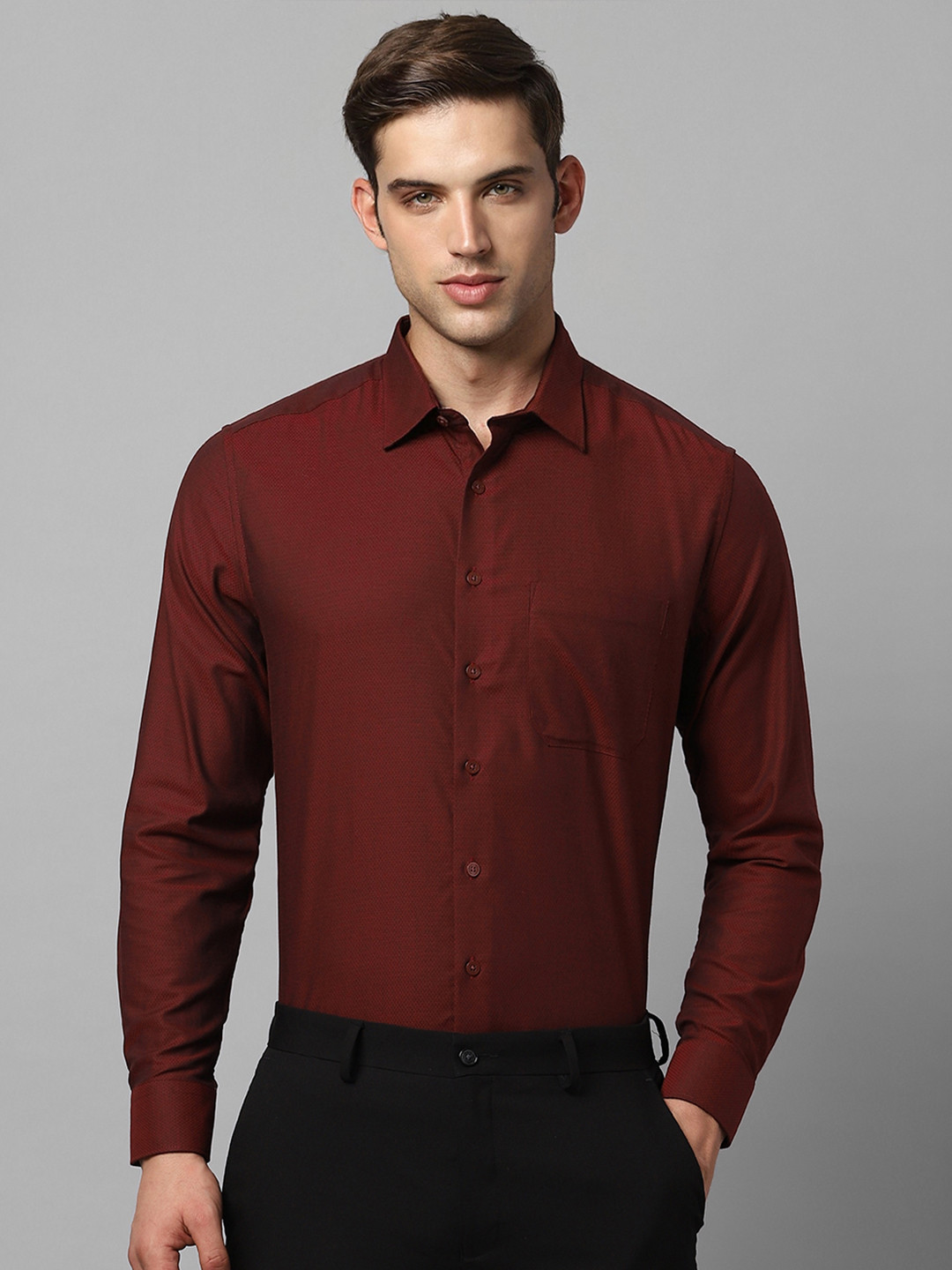 

Louis Philippe Slim Fit Micro Ditsy Printed Spread Collar Pure Cotton Formal Shirt, Maroon