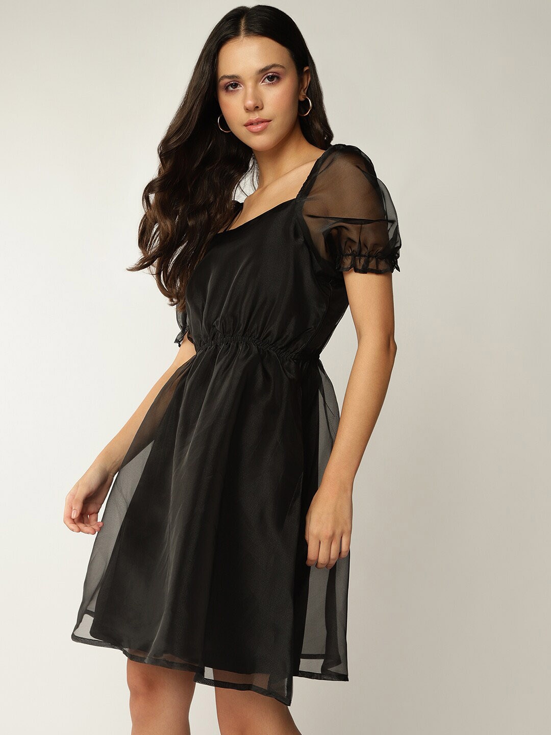 

DressBerry Puff Sleeves A Line Dress, Black