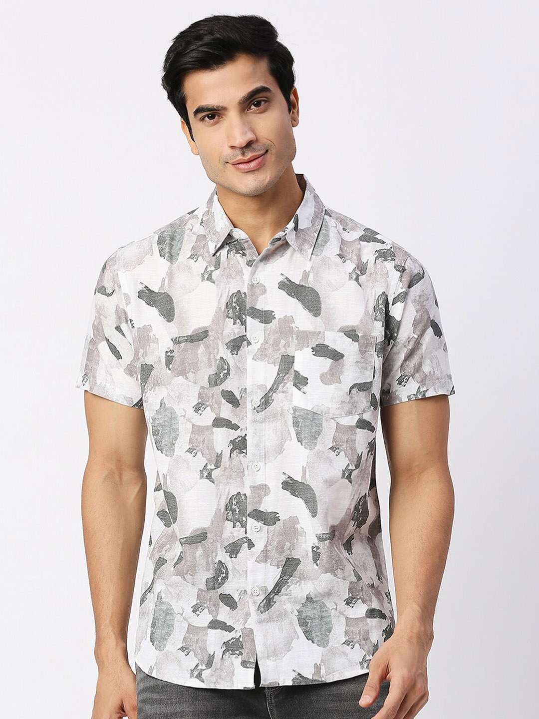 

VALEN CLUB Slim Fit Abstract Printed Casual Shirt, White