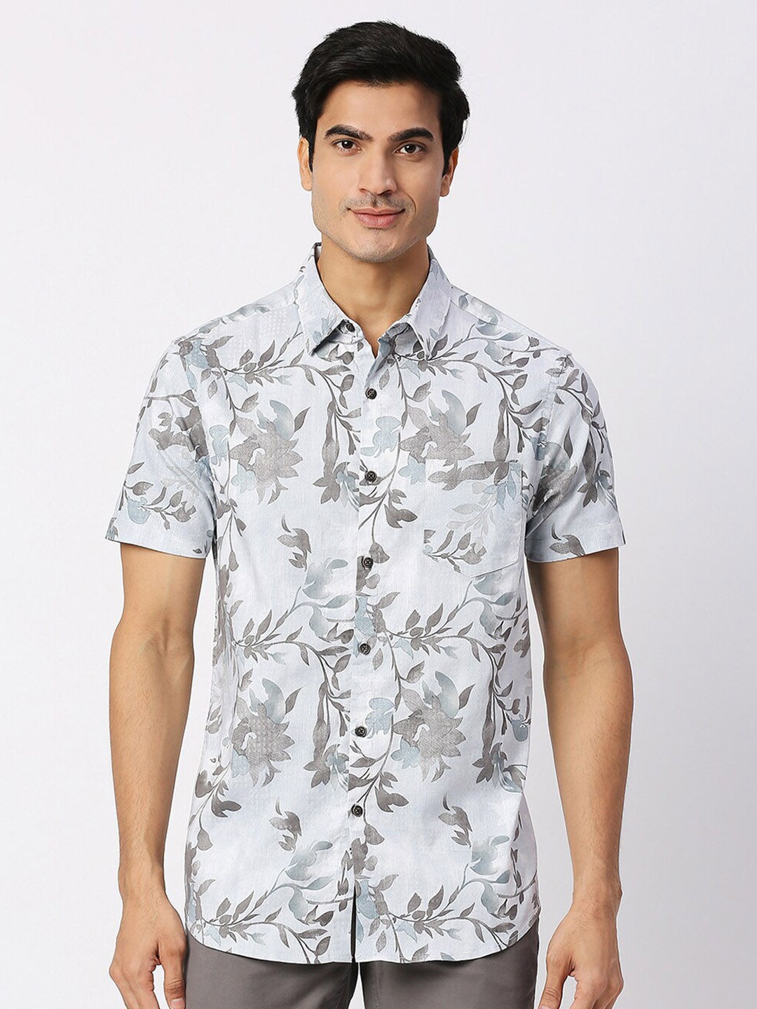 

VALEN CLUB Floral Printed Slim Fit Casual Shirt, Grey