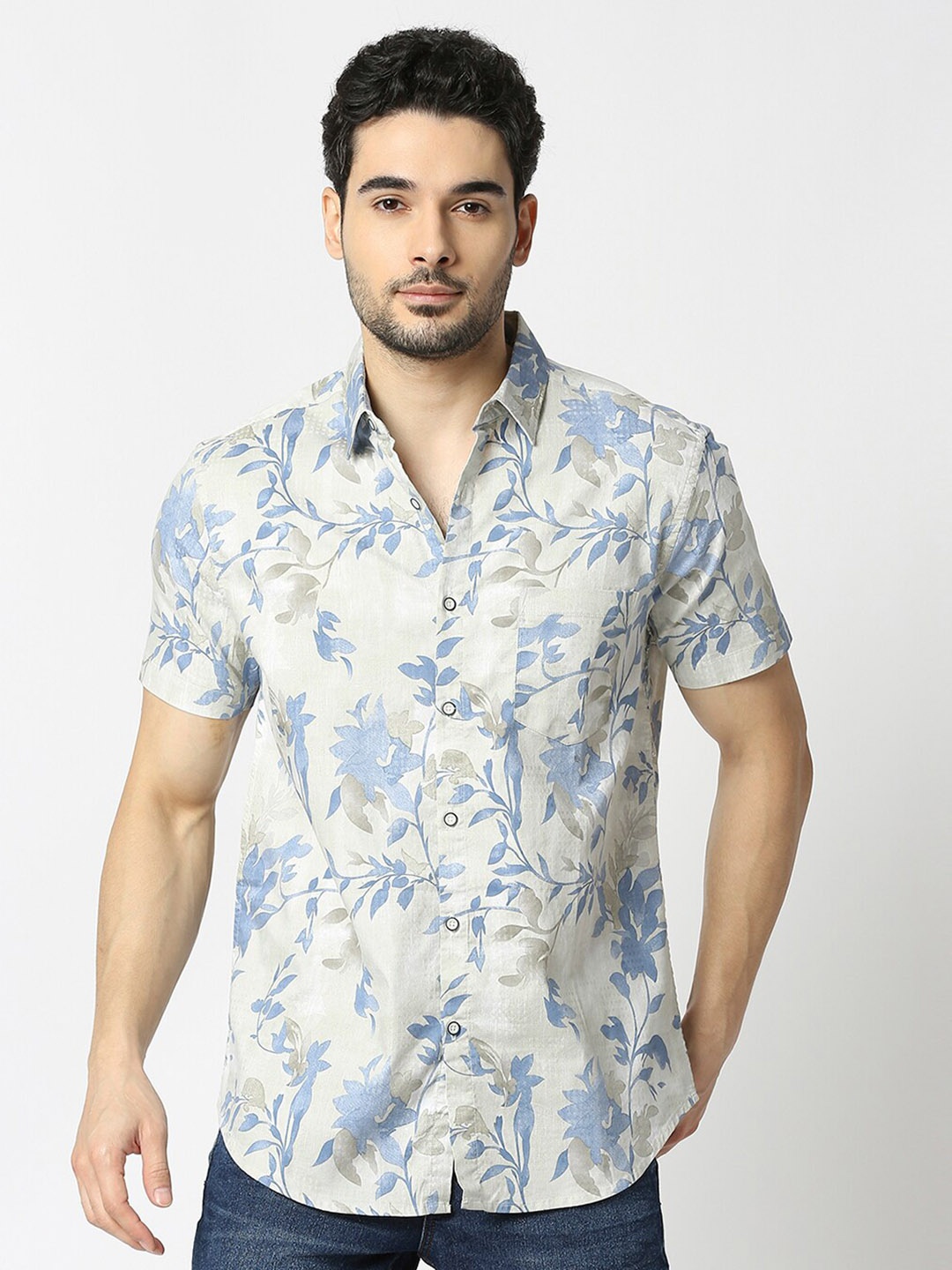 

VALEN CLUB Slim Fit Floral Opaque Printed Casual Shirt, Beige