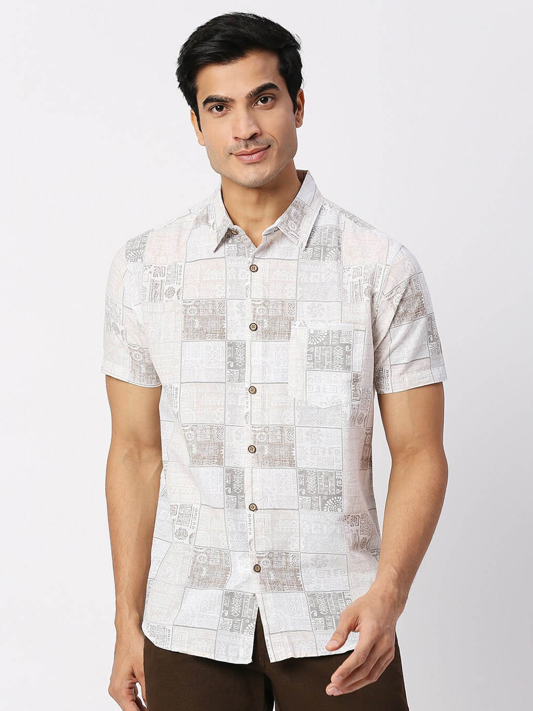 

VALEN CLUB Slim Fit Geometric Printed Casual Shirt, White