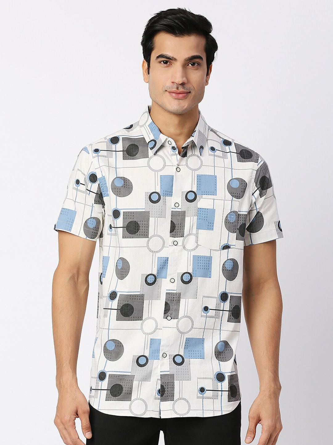 

VALEN CLUB Geometric Printed Slim Fit Casual Shirt, Off white