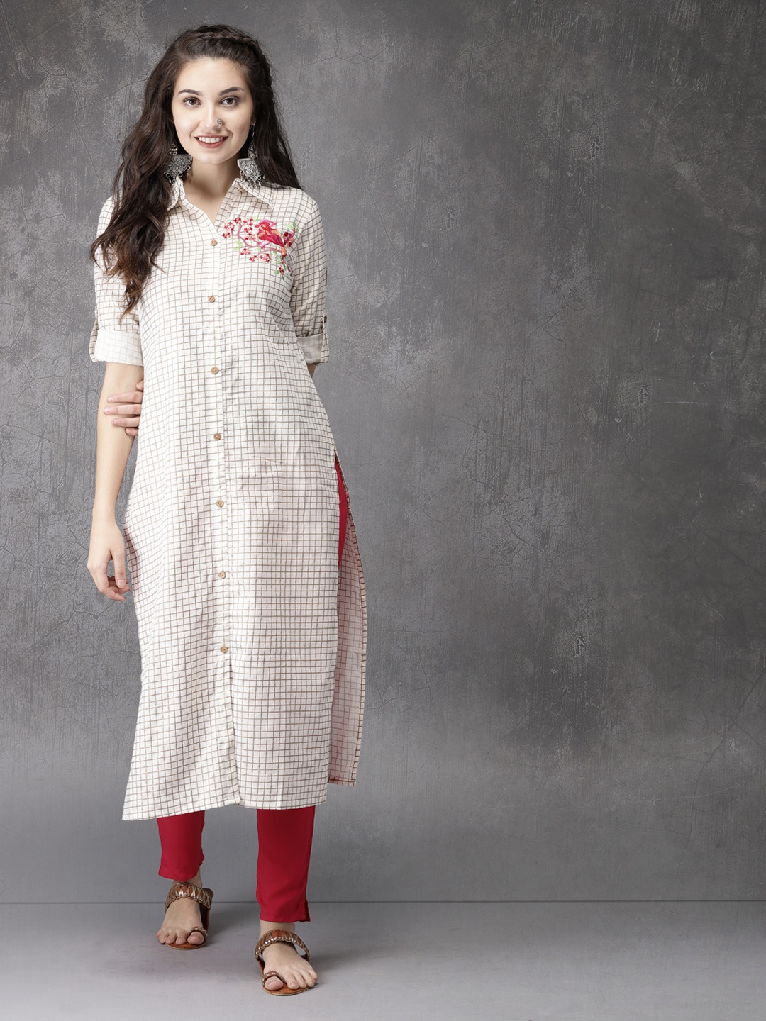 

Anouk Women Cream-Coloured Checked A-Line Kurta