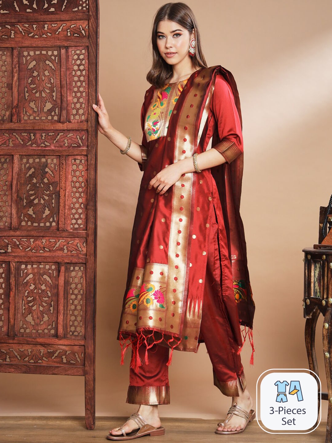 

PPTOSS Floral Woven Design Kurta with Trousers & With Dupatta, Maroon