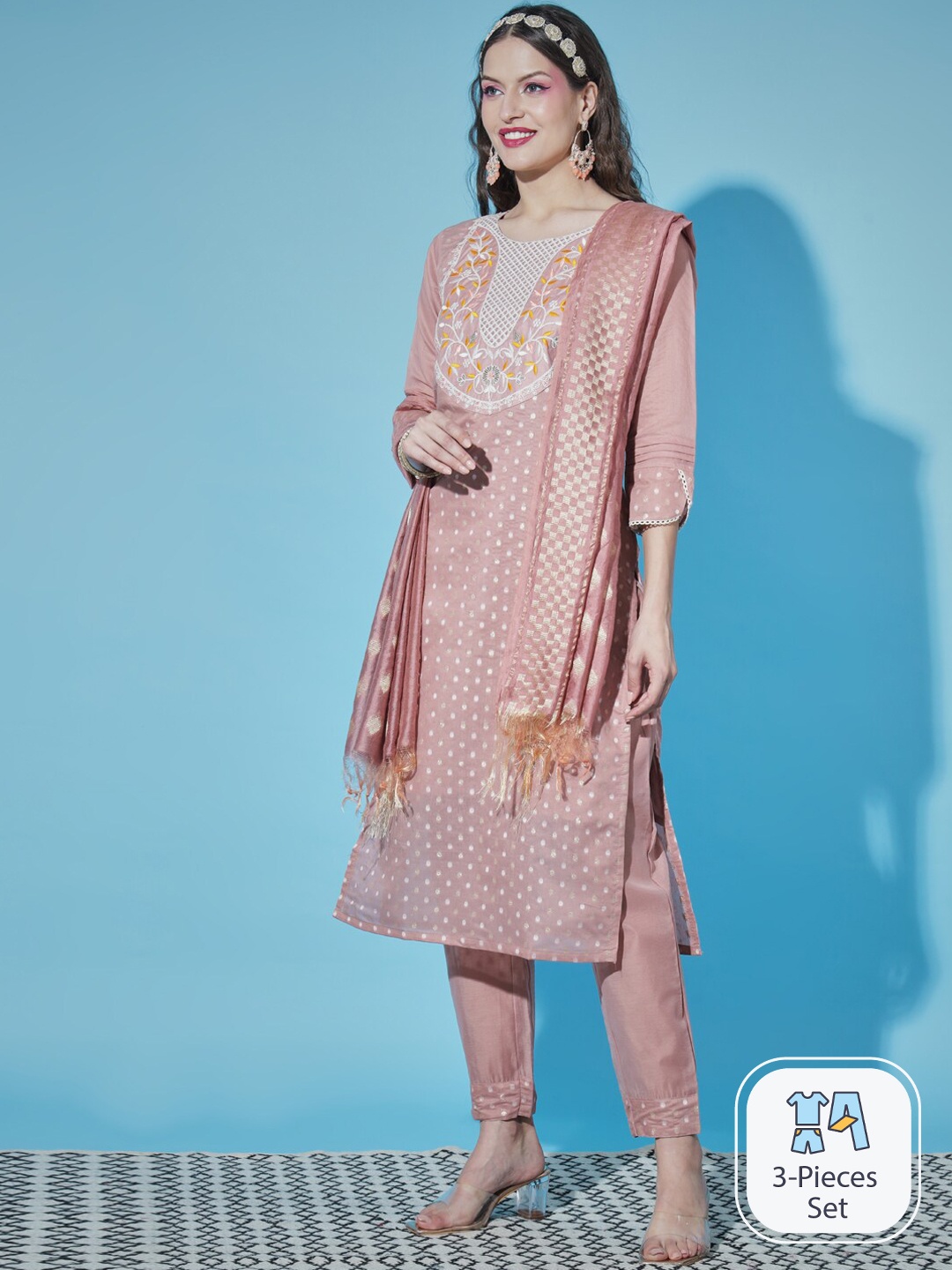 

PPTOSS Floral Embroidered Regular Kurta With Trousers & With Dupatta, Peach