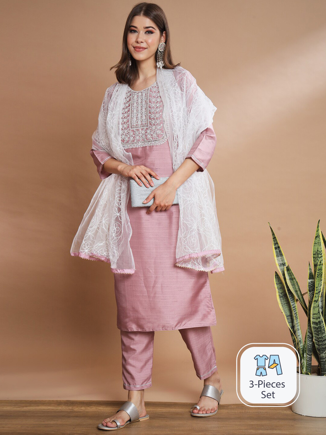 

PPTOSS Floral Embroidered Regular Sequinned Kurta With Trousers & Dupatta, Pink