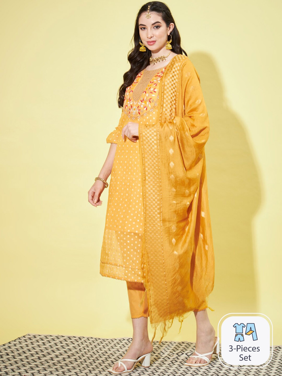 

PPTOSS Floral Embroidered Kurta with Trousers & With Dupatta, Yellow