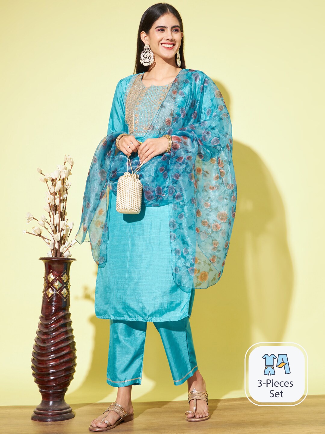 

PPTOSS Yoke Design Regular Thread Work Kurta With Trousers & With Dupatta, Blue