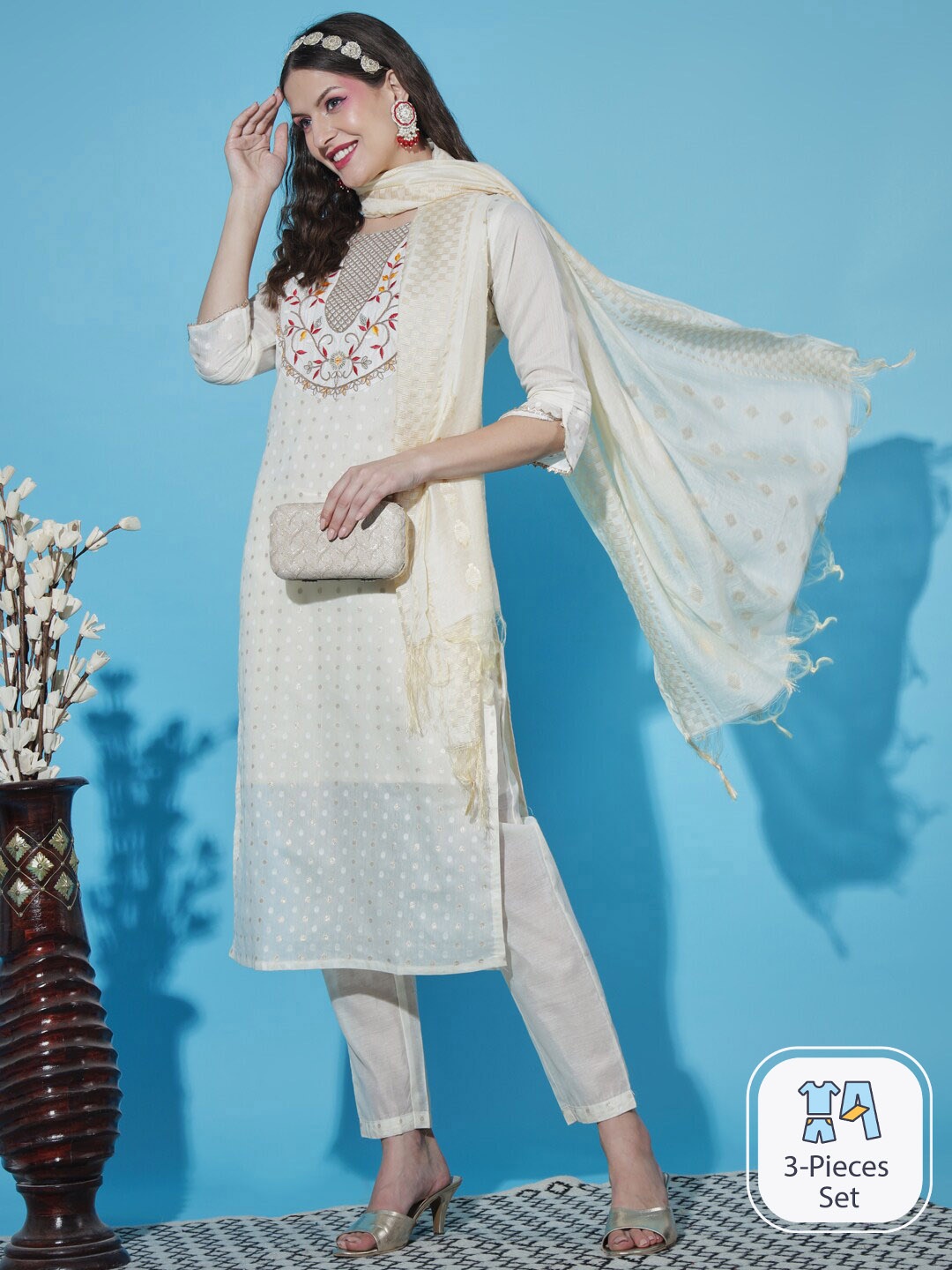 

PPTOSS Floral Embroidered Thread Work Straight Kurta With Trousers & Dupatta, White