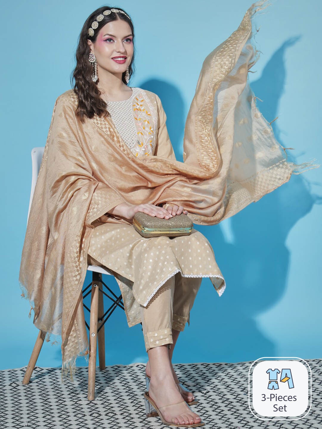 

PPTOSS Geometric Woven Design Regular Thread Work Kurta With Trousers & Dupatta, Brown
