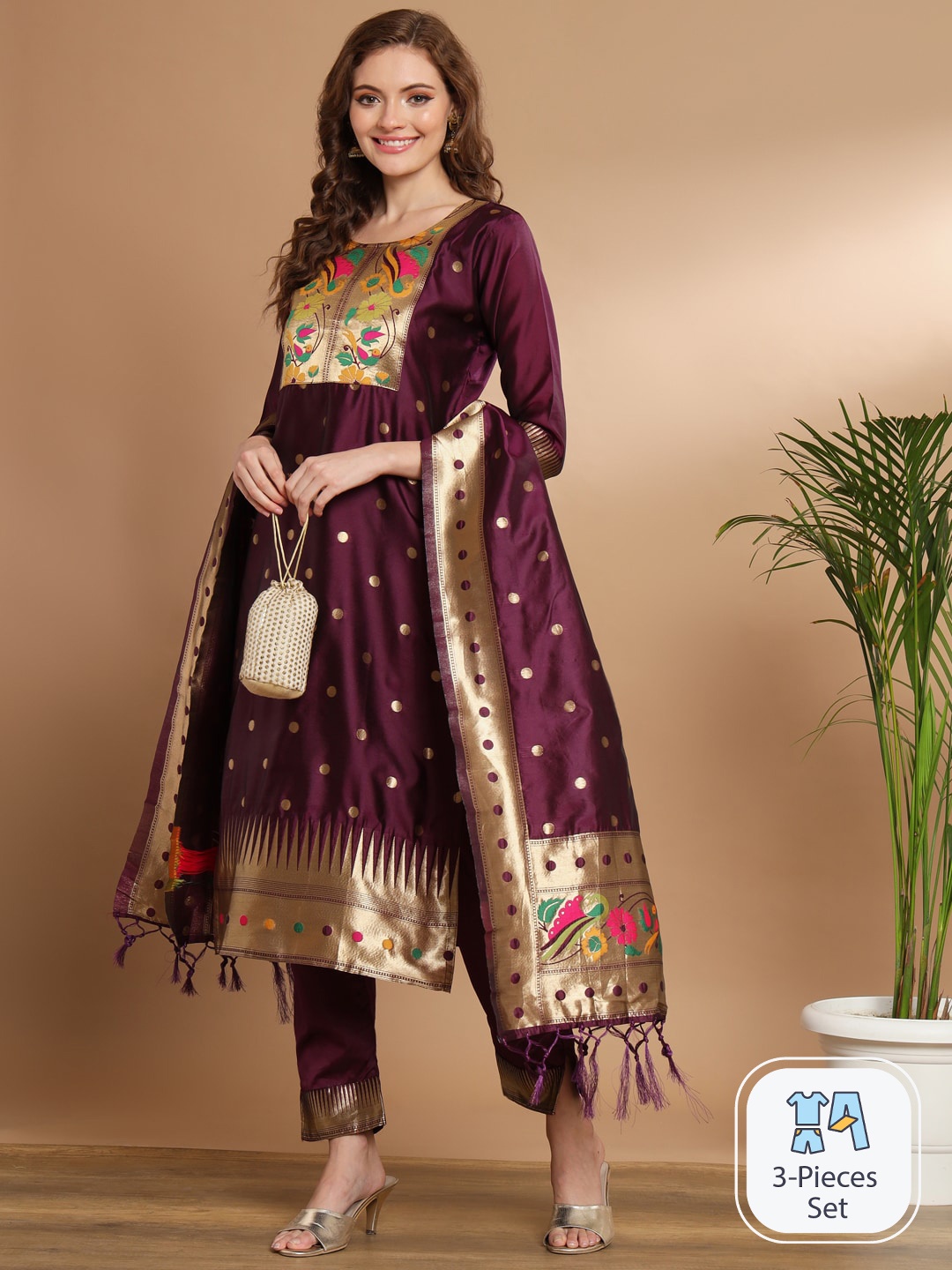 

PPTOSS Floral Woven Design Kurta With Trousers & Dupatta, Purple