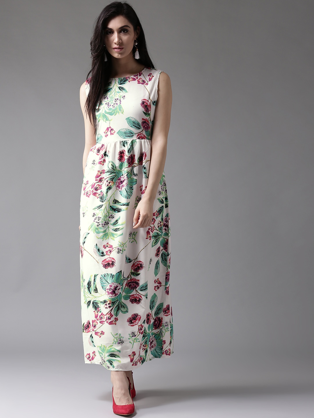 

HERE&NOW Women White & Green Floral Print Maxi Dress