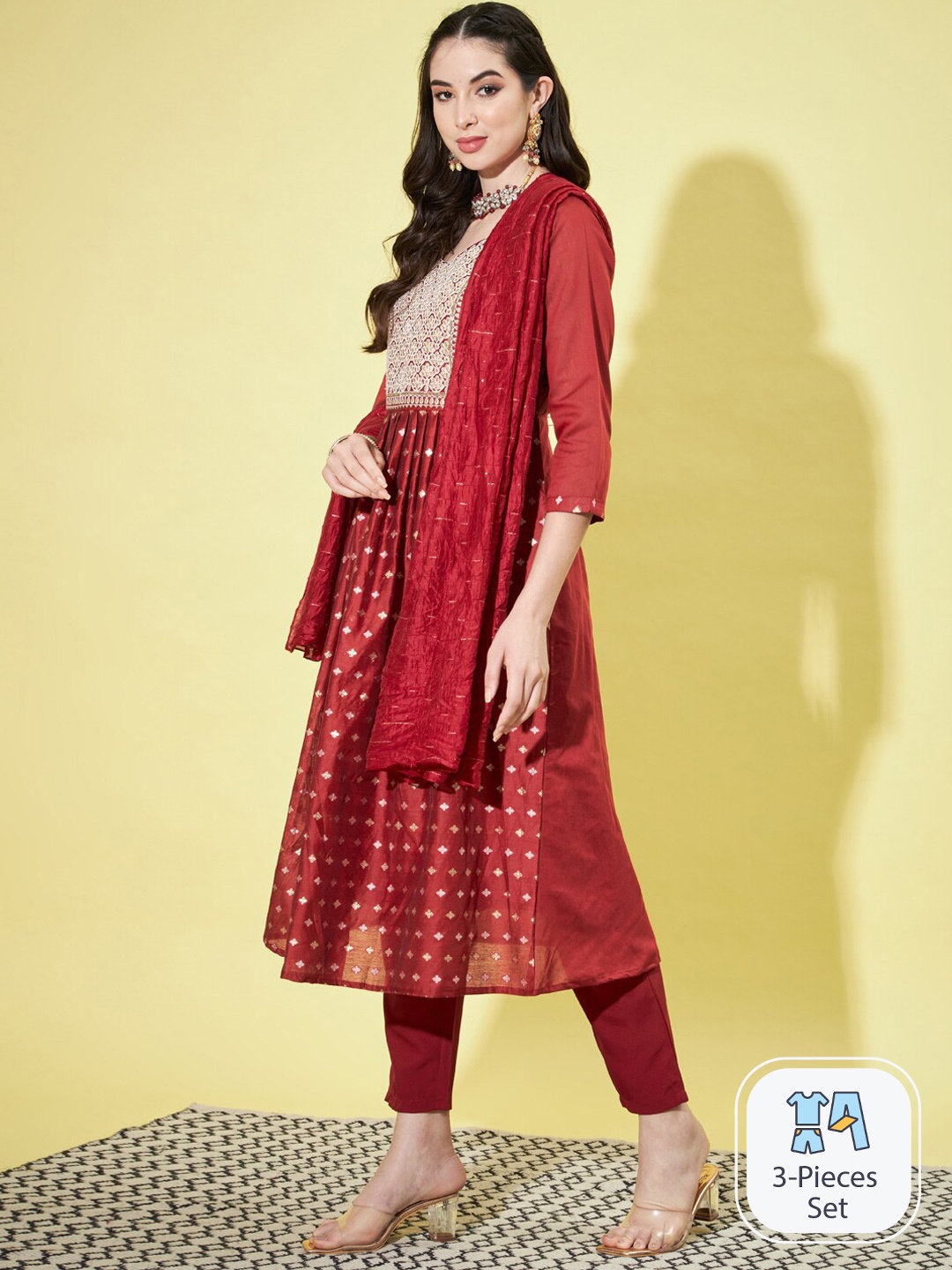 

PPTOSS Ethnic Motifs Embroidered Thread Work Anarkali Kurta With Trousers & Dupatta, Maroon