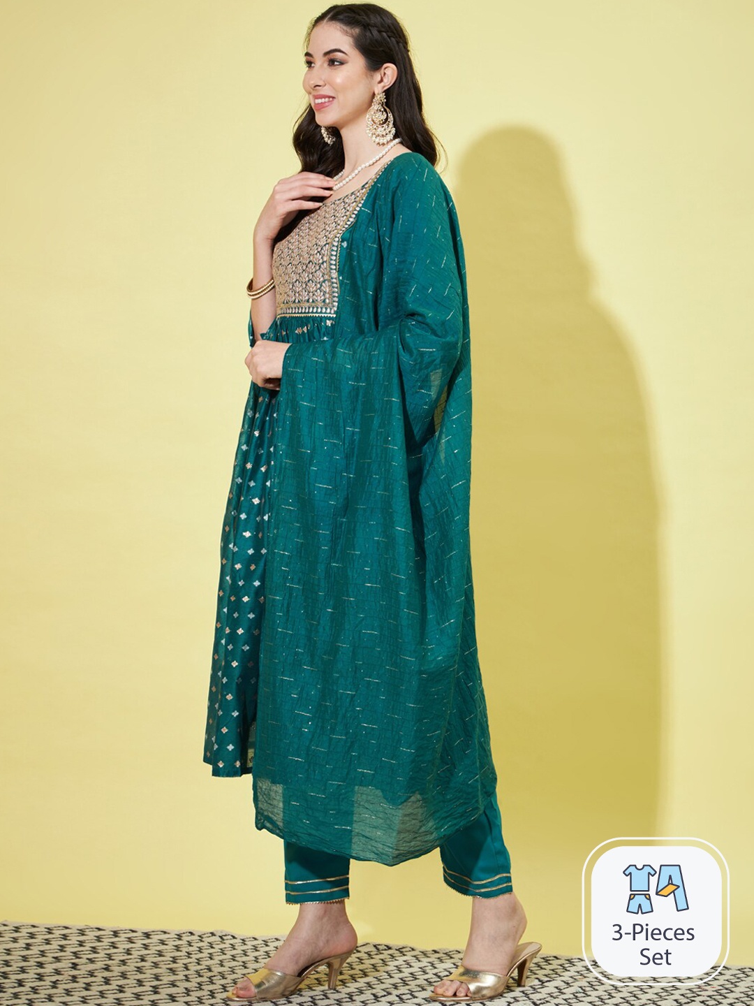 

PPTOSS Ethnic Motifs Embroidered Thread Work Kurta With Trousers & Dupatta, Teal
