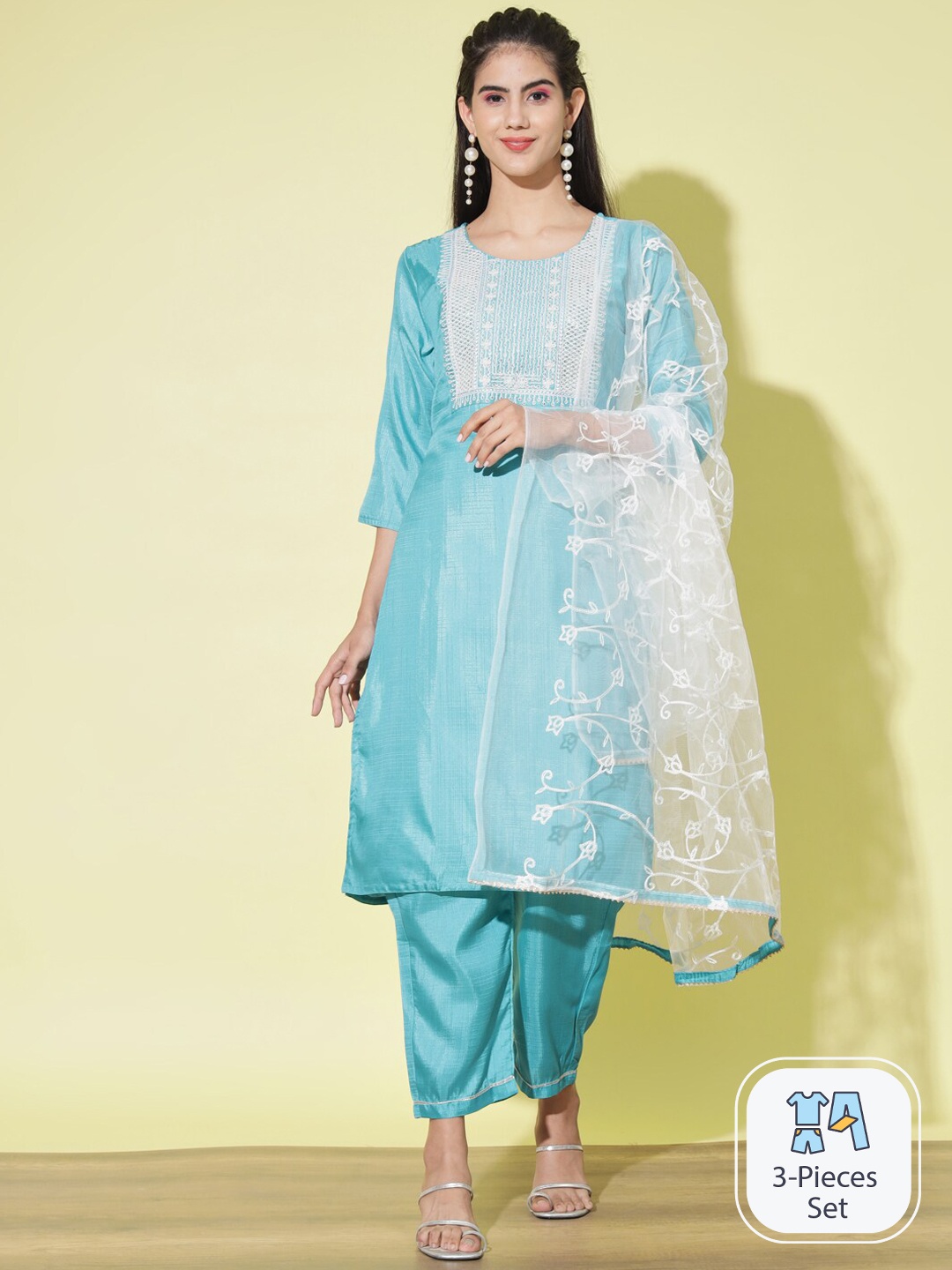 

PPTOSS Ethnic Motifs Yoke Design Regular Thread Work Kurta With Trousers & With Dupatta, Blue
