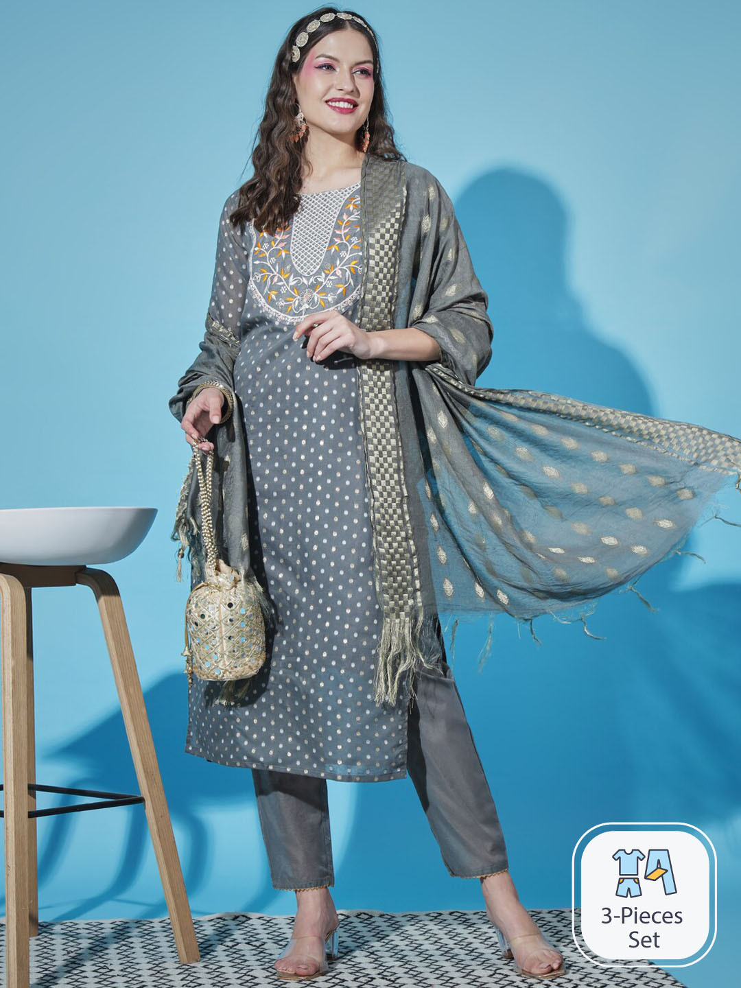 

PPTOSS Geometric Woven Design Regular Thread Work Kurta With Trousers & Dupatta, Grey