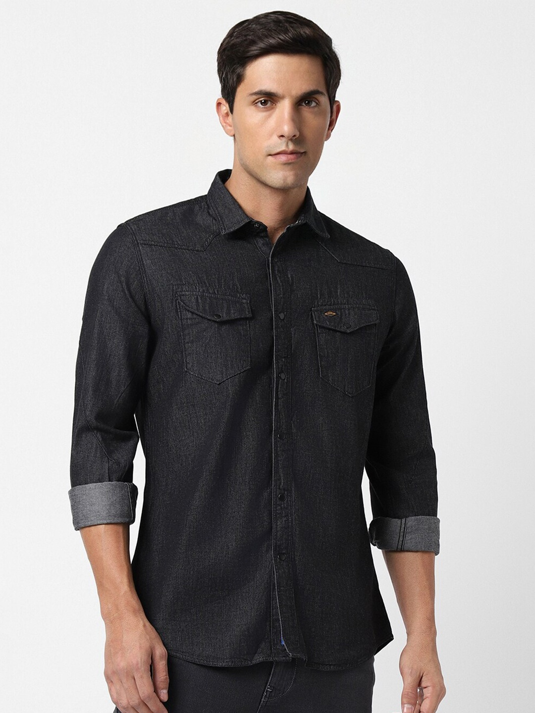 

VAN HEUSEN DENIM LABS Textured Slim Fit Opaque Cotton Casual Shirt, Black
