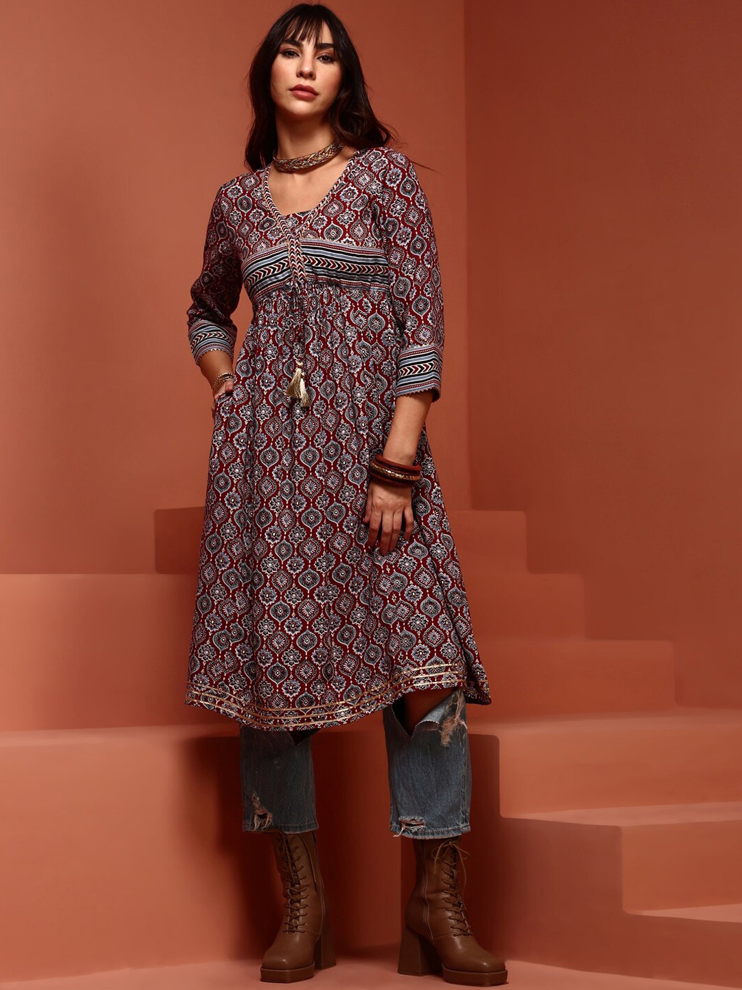 

IMARA Ethnic Motifs Printed A-Line Kurta, Maroon