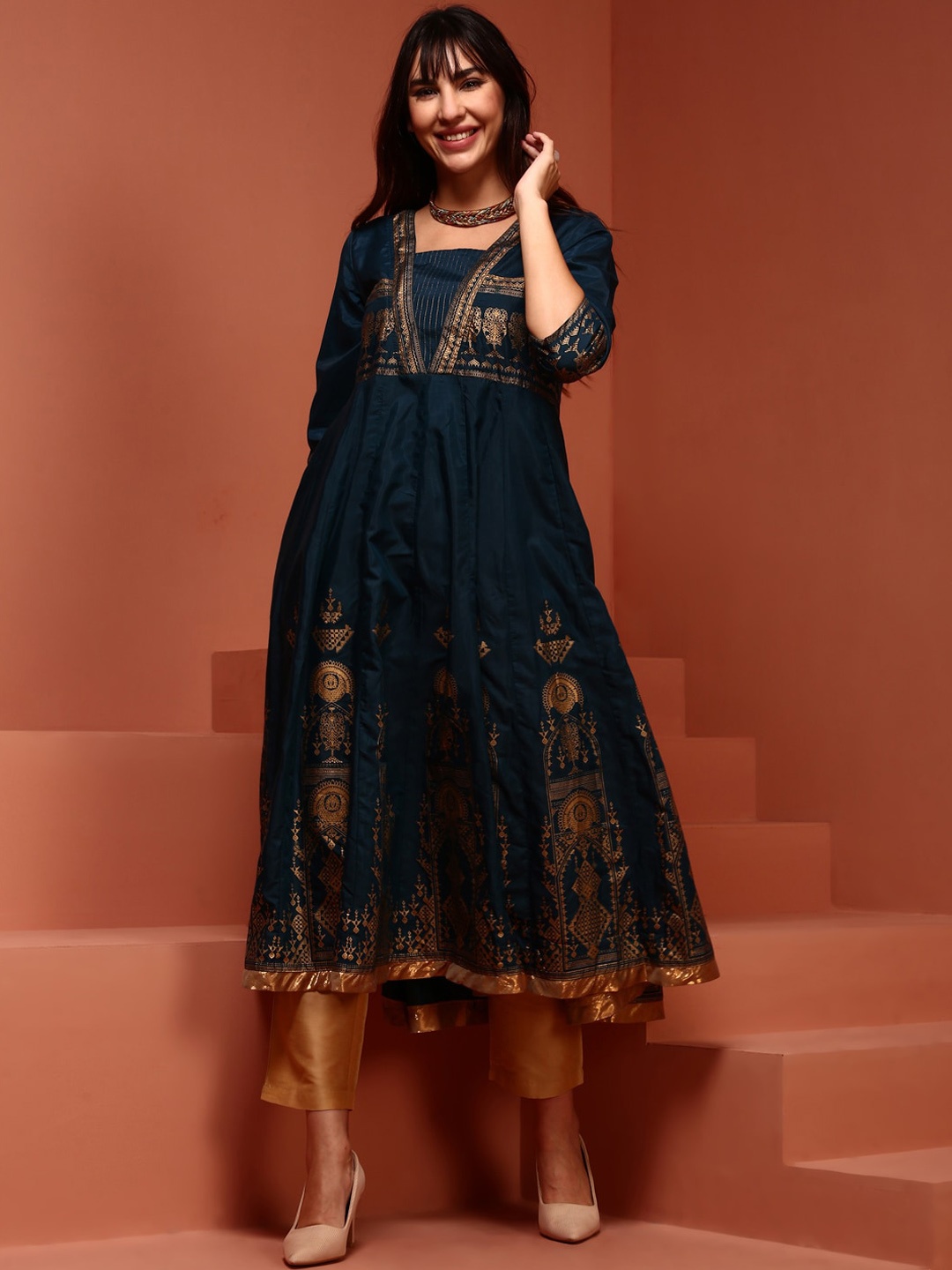 

IMARA Ethnic Motifs Embroidered Square Neck Angrakha A-Line Kurta, Teal
