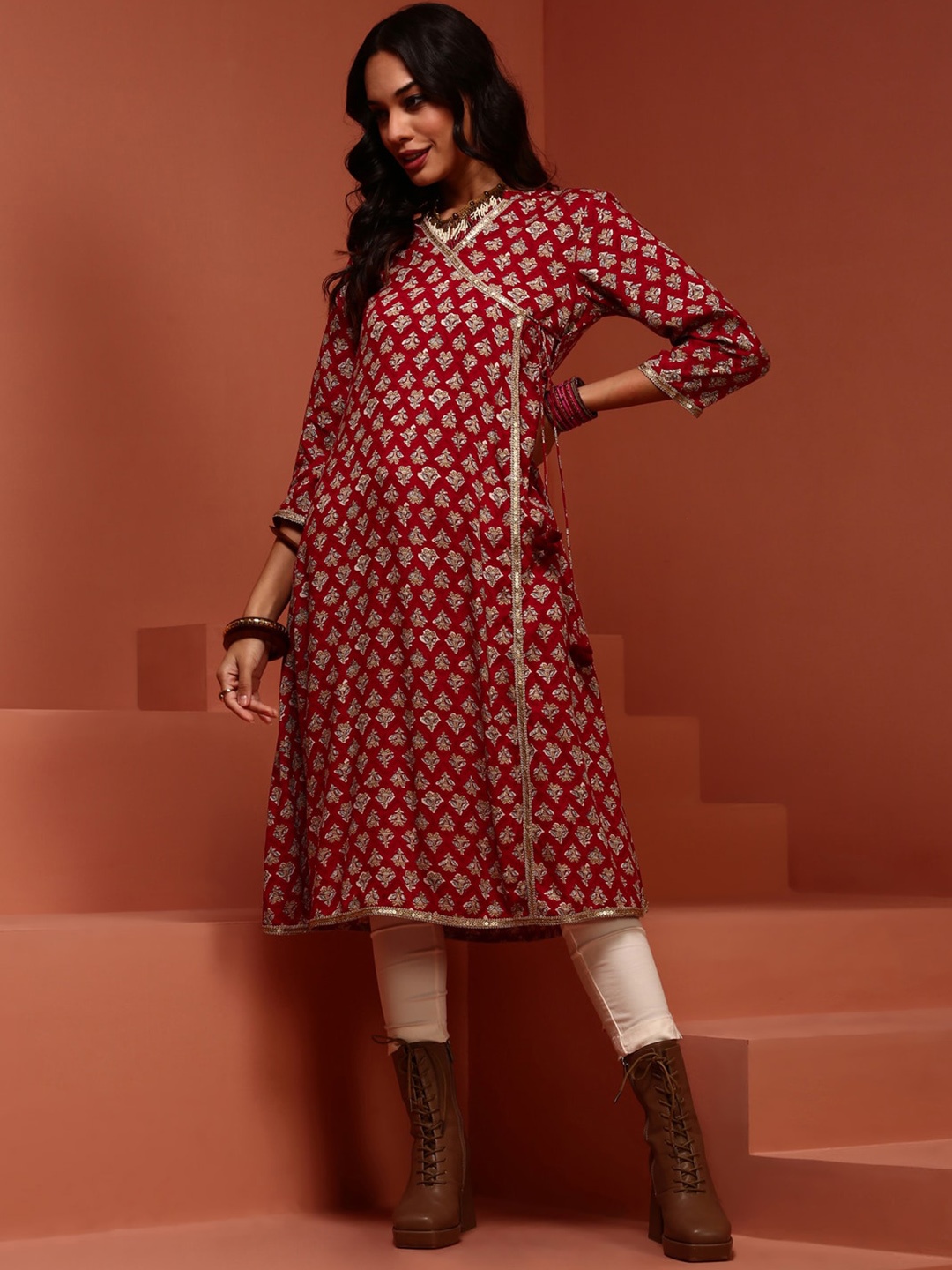 

IMARA Ethnic Motifs Printed Angrakha A-Line Kurta, Maroon