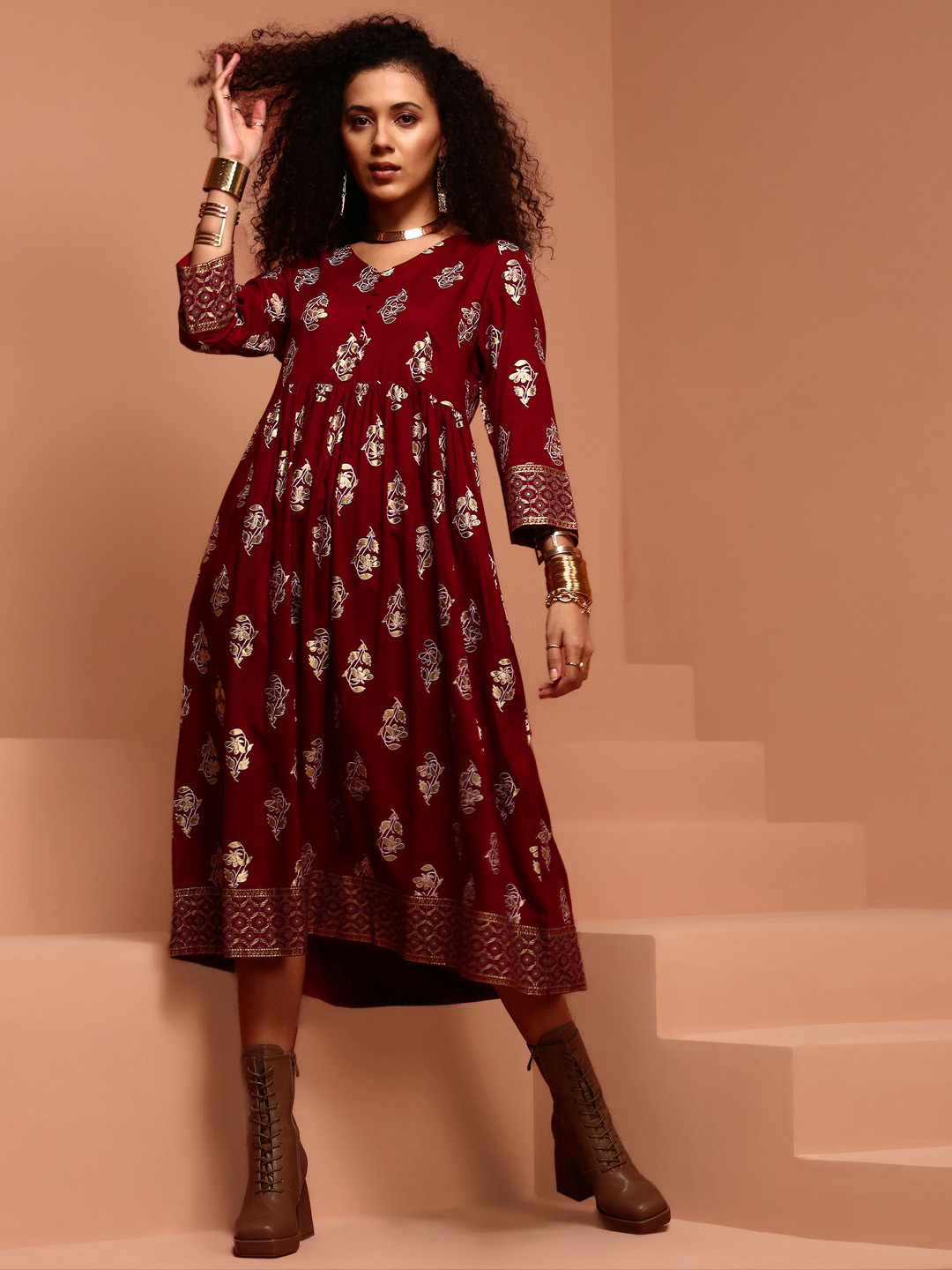 

IMARA Floral Printed V-Neck Mini Dresse, Maroon